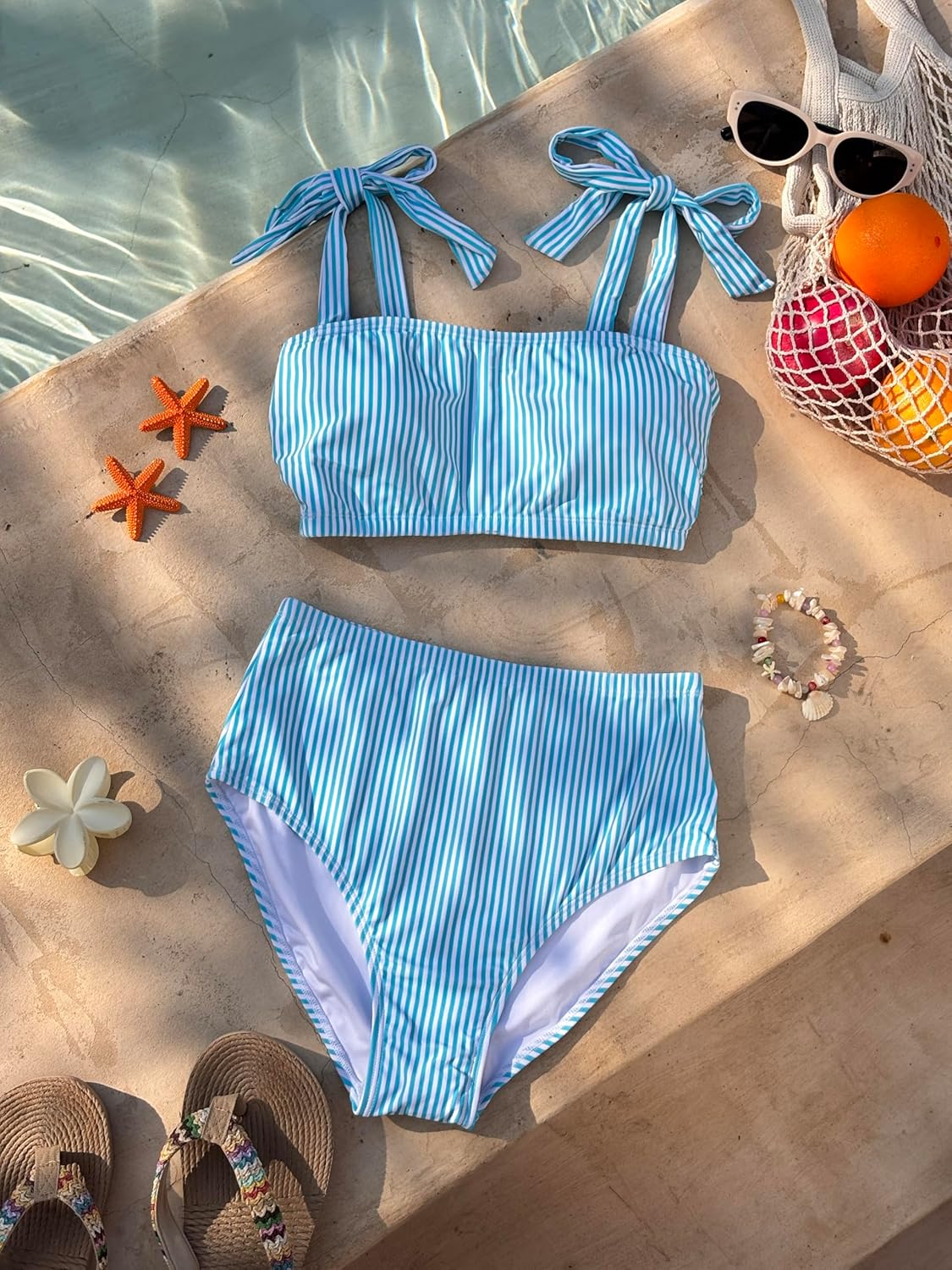 Herseas Women's Tie Shoulder Bikini Sets 2 Piece Striped Swimsuits High Waisted Bathing Suits - Image 3