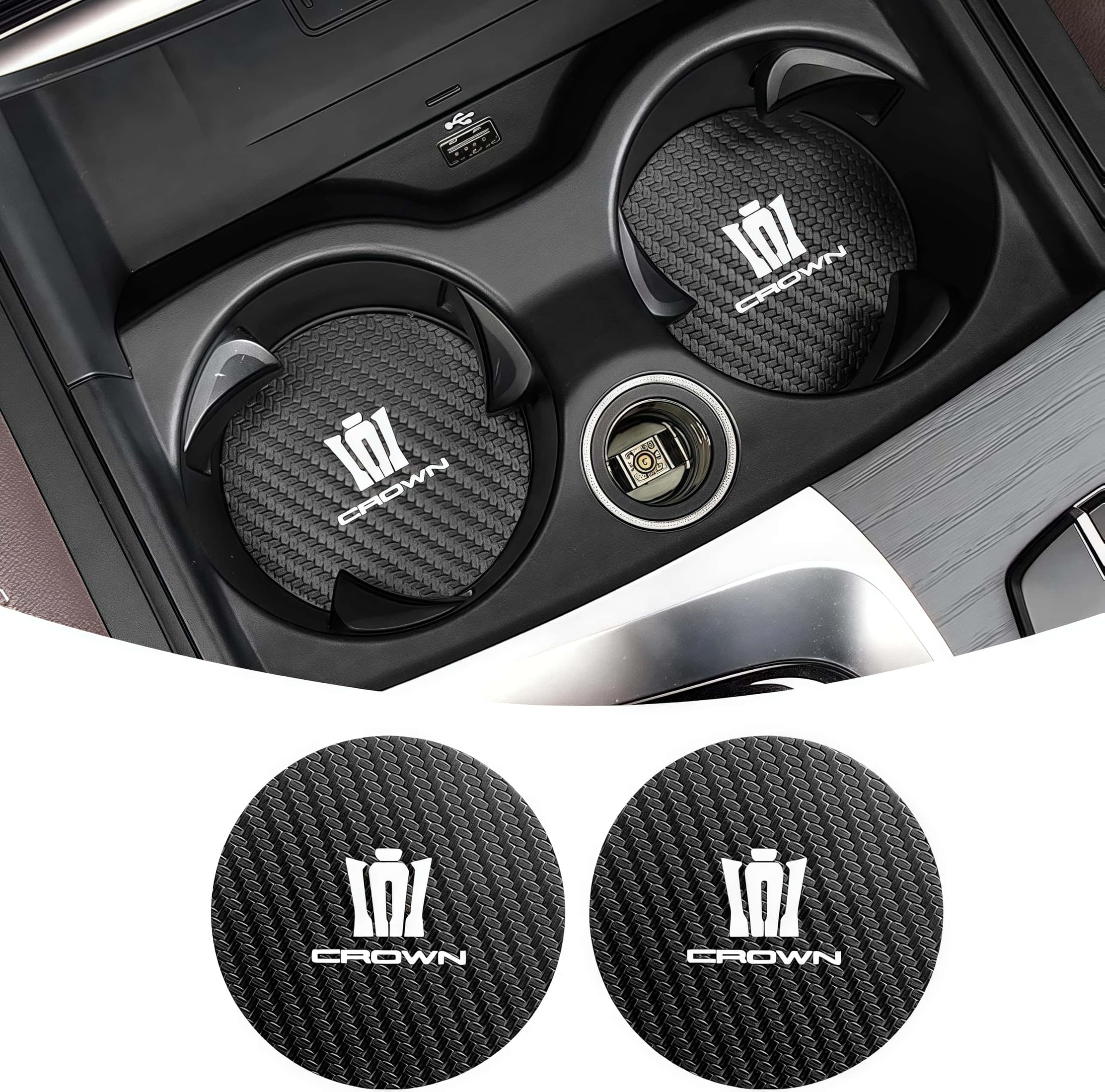 クラウン 専用 カップ マット 車 厚型 ドリンクポケットマット 両面にも炭素繊維質感 クラウン CROWN 17系 18系 20系 200系 210系 220系 2枚入り 臭いなし 質感良い 車用 カップコースターを保護 滑り止め 振動防止 丸型 カーアクセサリー（クラウン 専用）