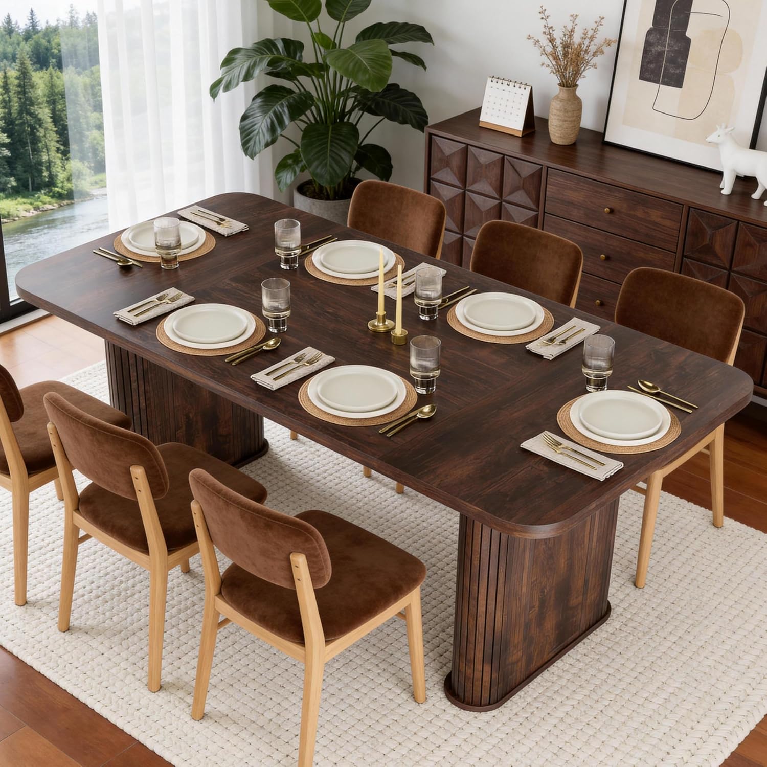 Dining Table for 6-8 People- 62" Modern Long Kitchen Table with Large Tabletop & Heavy Duty Pedestal Legs, Rectangular Dinner Table for Rectangular, Kitchen, Conference Room, Living Room, Black Oak