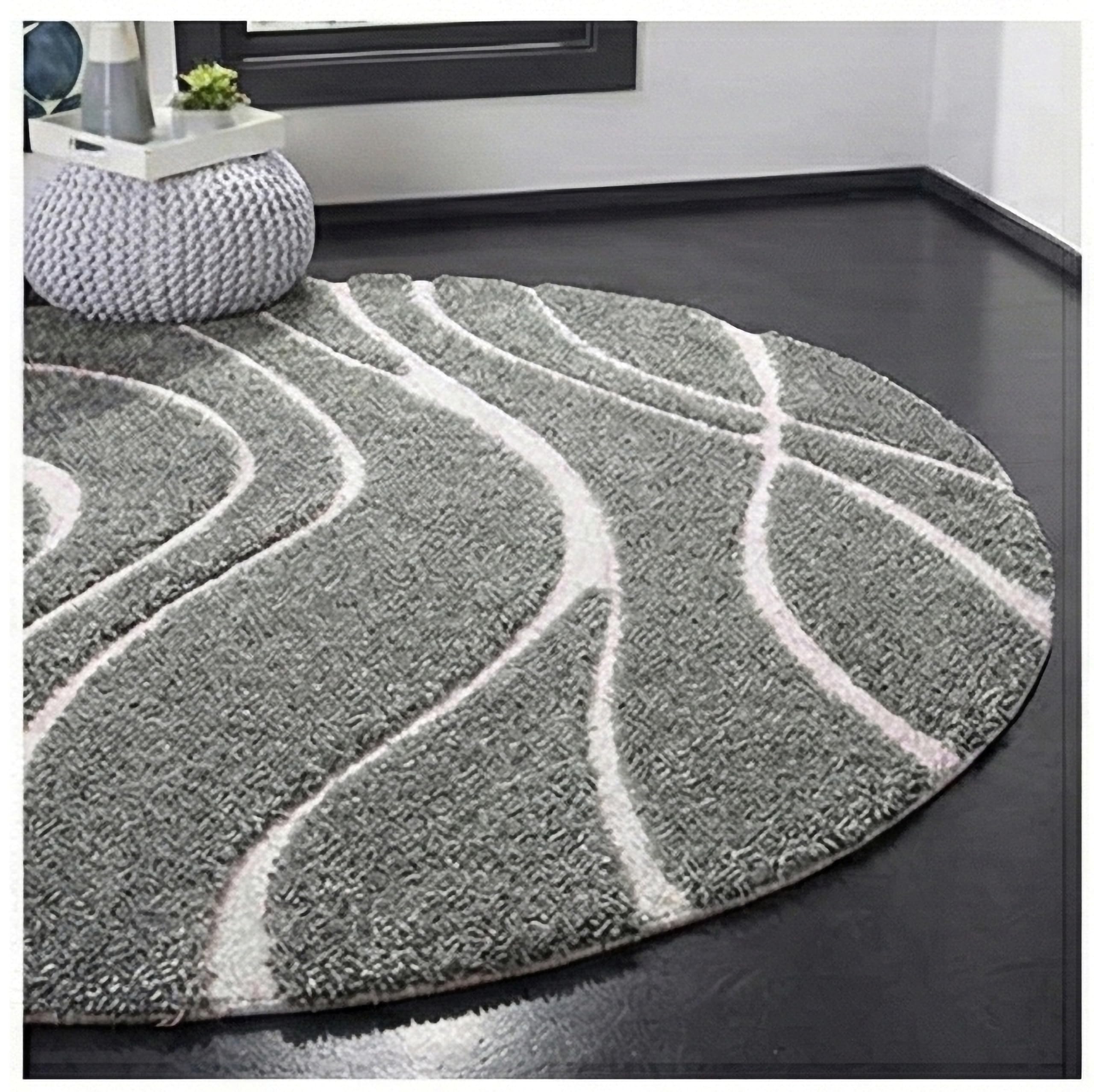 RUGEDGE Gray Geometric Round Shaggy Rug - Fluffy Carpet for Living Room,Bathroom Door mats Anti Slip Circle Area Carpet, Hallway, Kitchen, Circle Area Carpet (4 Ft Round) 2