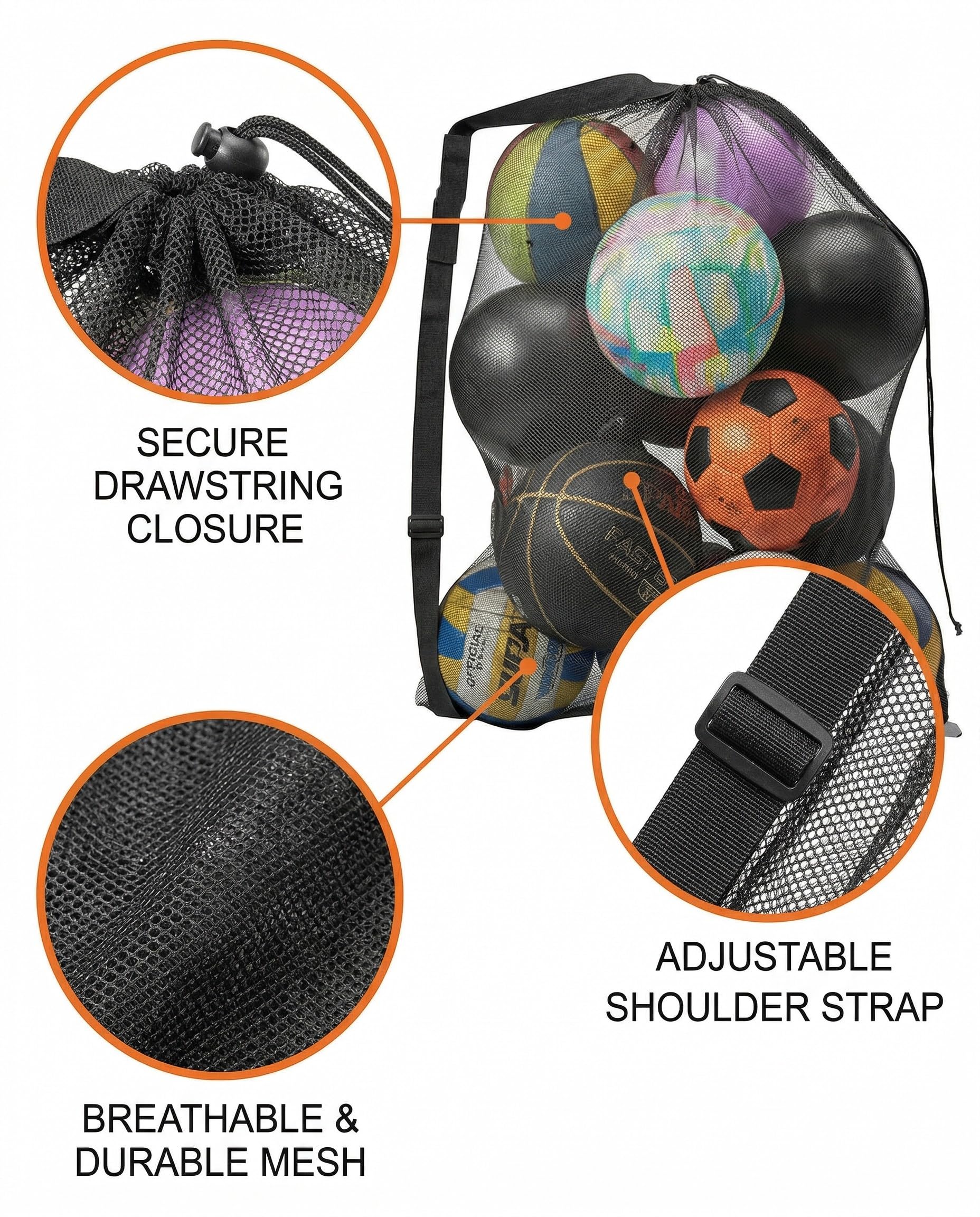 Sacca Rete Porta Palloni Grande Pieghevole, Borsa Sportiva Robusta con Coulisse e Tracolla per Calcio, Pallacanestro, Pallavolo, Rugby