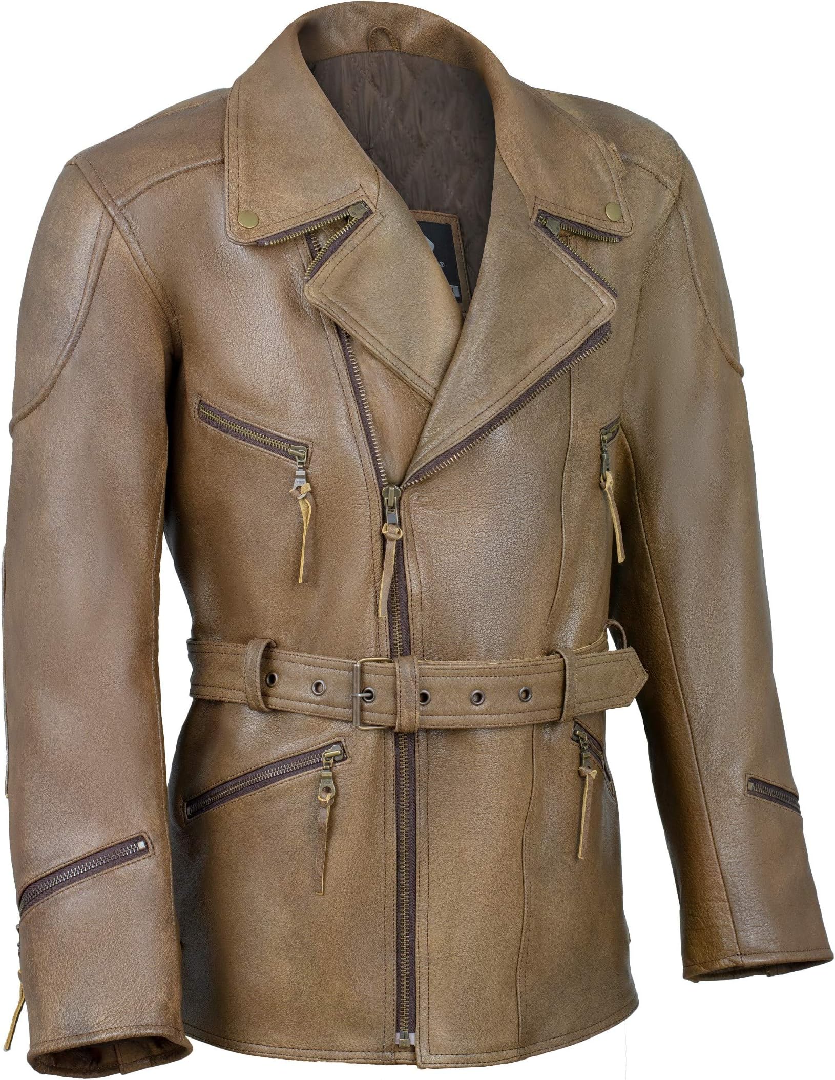 Gallanto 3/4 Quarter Length Eddie Mens Motorcycle Biker Tan Brown Distressed Vintage Long Leather Jacket