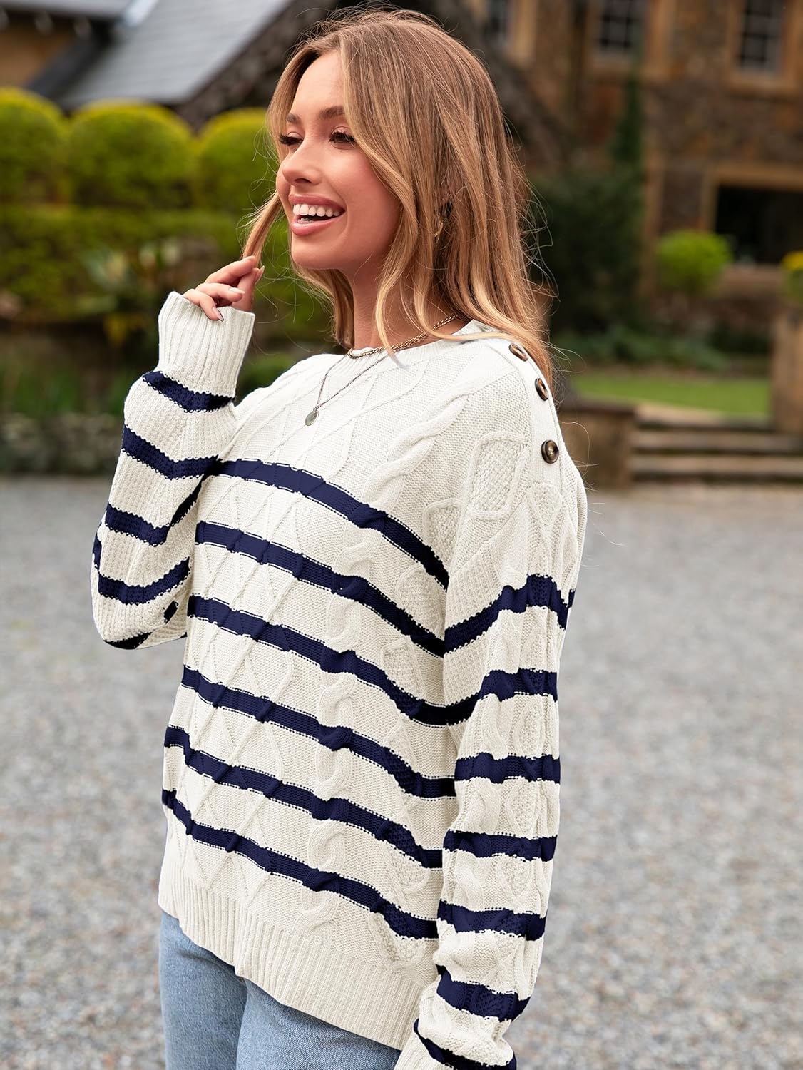 Glamaker Womens Striped Cable Knit Sweater Long Sleeve Crewneck Fall Pullover 2025 Trendy Winter Chunky Tops Fashion - Image 3