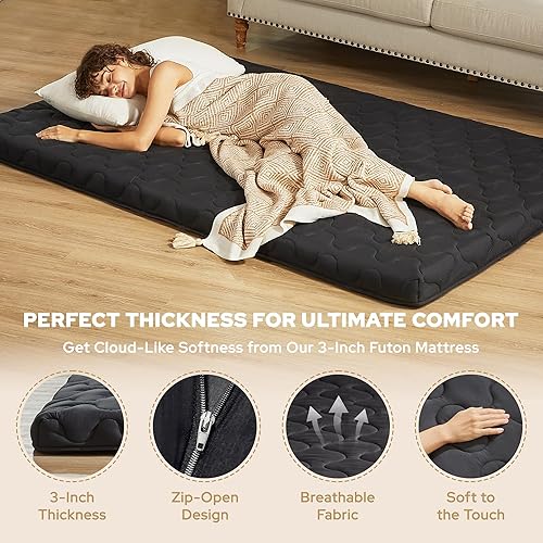 Miniatura 5 de Colchón japonés de suelo, colchón futón tamaño Queen de 3 pulgadas de grosor, almohadilla portátil para dormir con espuma de alta densidad, plegable