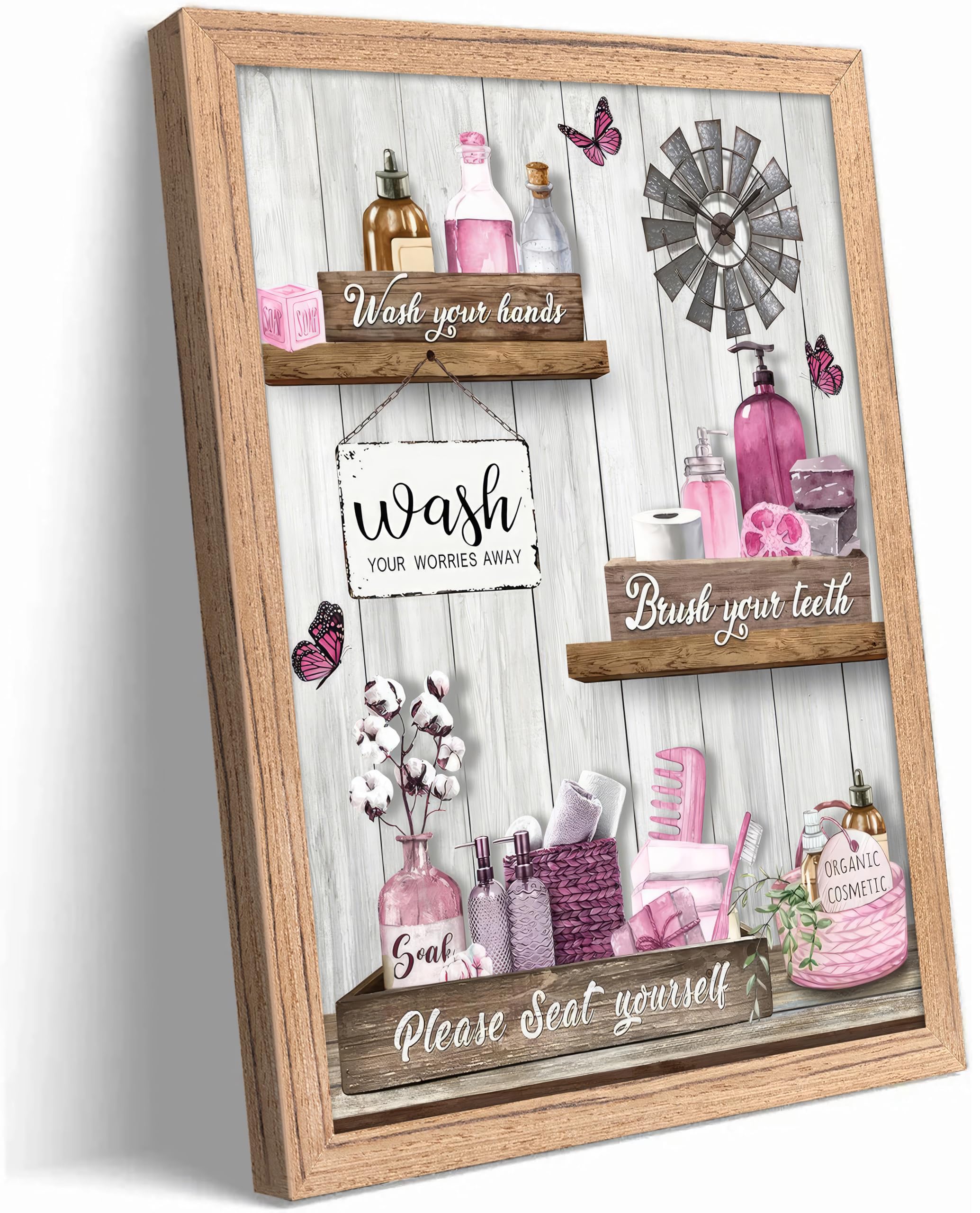 Framed Funny Bathroom Canvas Wall Art,Pink Daisy Floral Botanical Painting Picture Wall Decor,Minimalist Toilet Paper Flower Poster Print Artwork,for Restroom Toilet Home Decoration, — view 15
