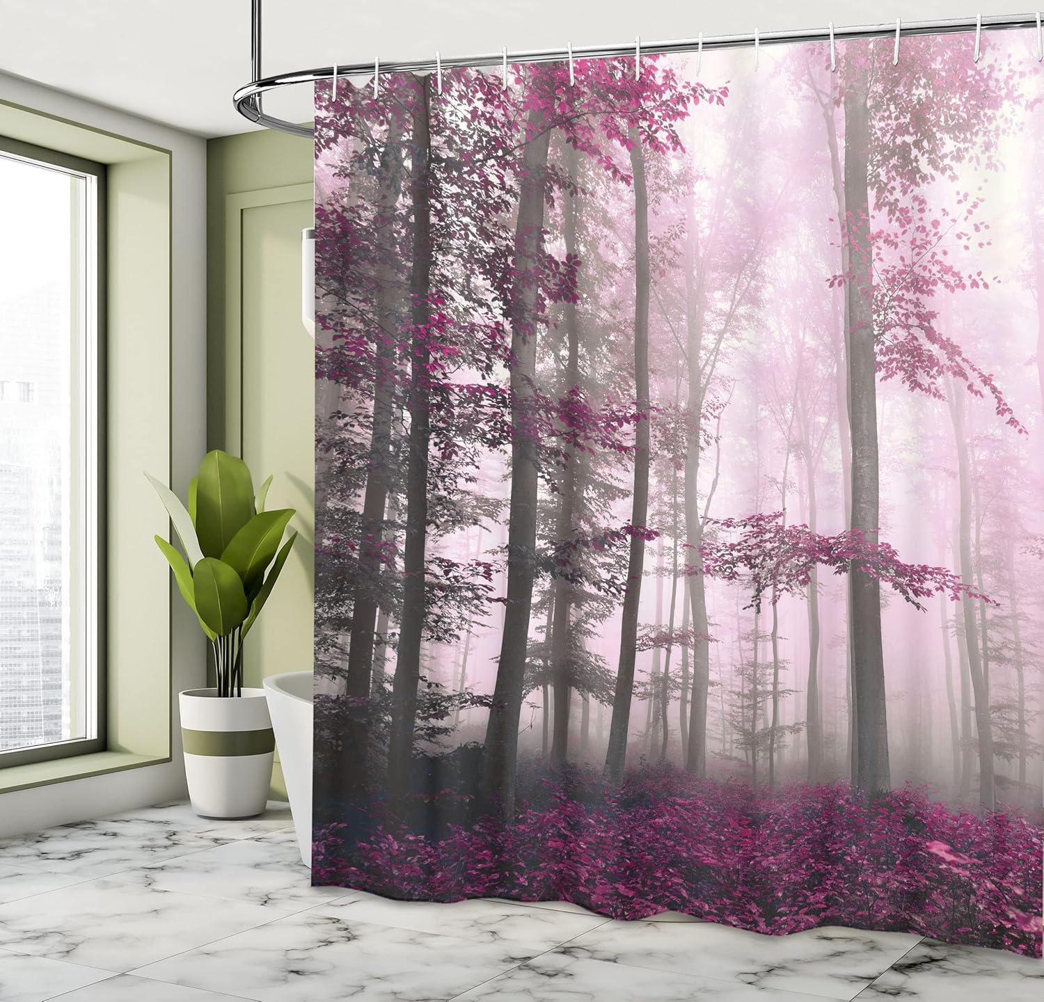 Ambesonne Forest Shower Curtain, Autumn Season Mystic Foggy Fall Nature and Enchanted Woods Wild Trees Print, Cloth Fabric Bathroom Decor Set with Hooks, 69" W x 70" L, Dark Magenta
