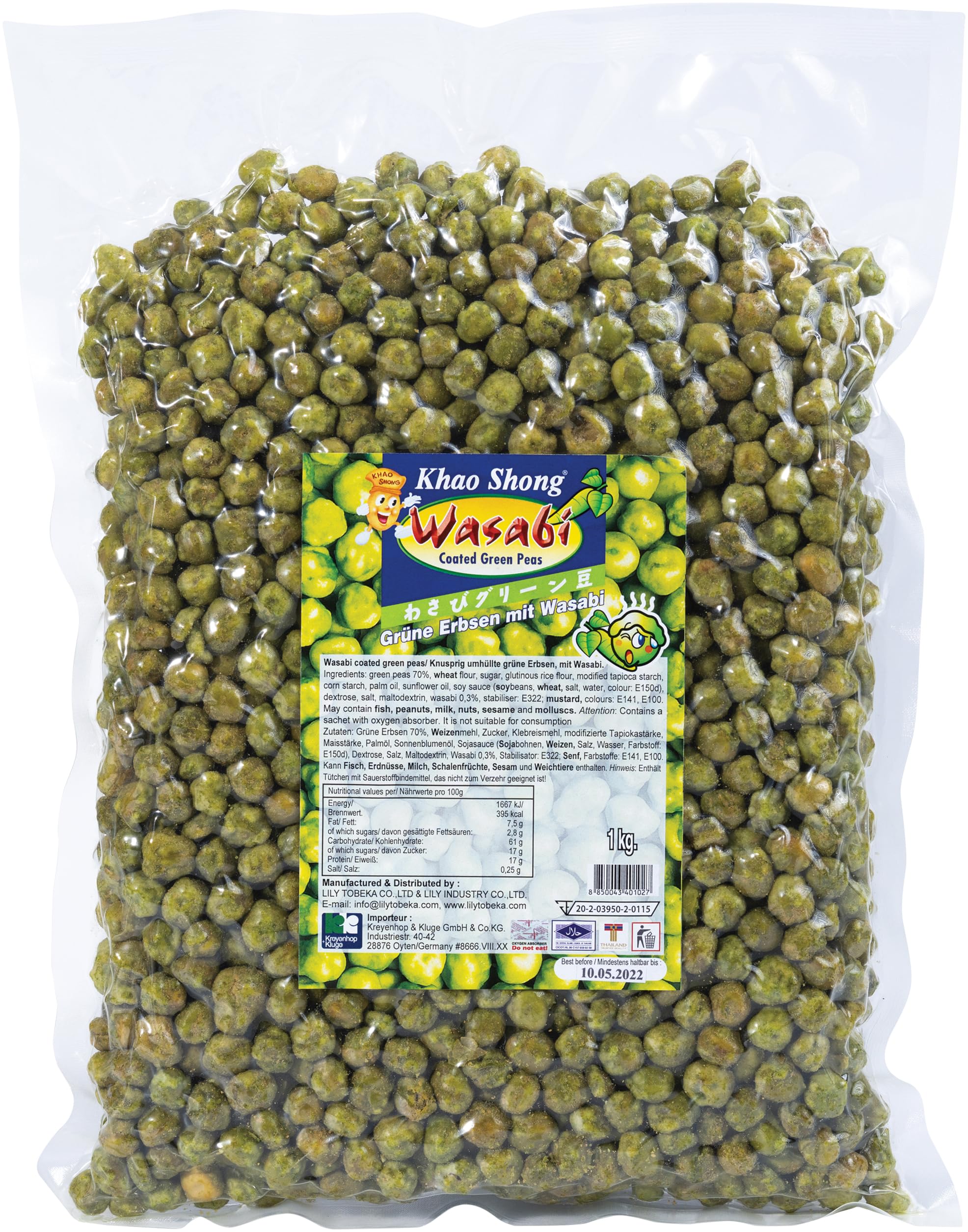 Khao Shong - Grüne Erbsen im Teigmantel mit Wasabi Geschmack - Scharfer Asia Snack & Knabberartikel - Original aus Thailand - 1 x 1 kg Vorratspack