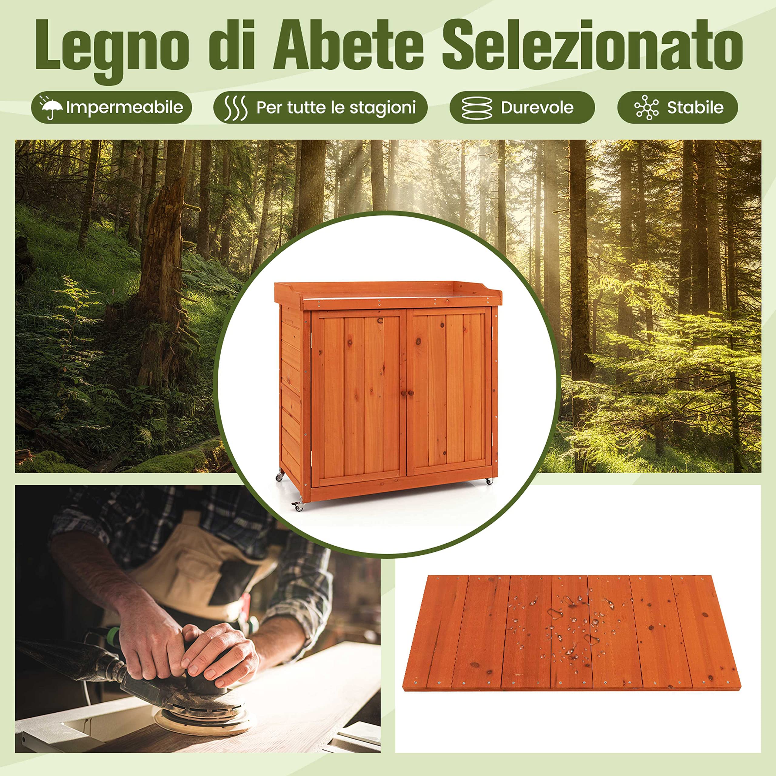 COSTWAY Armadio da Esterno in Legno, Casetta da Giardino con Ripiano Rimovibile e 4 Ruote Universali, Capanno Porta Attrezzi da Esterno e da Interno, 98,5 x 48 x 100 cm