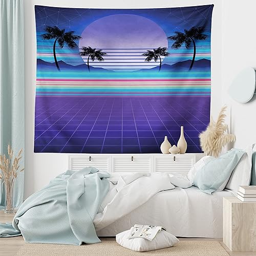 Miniatura 6 de Ambesonne Synthwave - Tapiz con diseño retrowave de rayas coloridas y palmeras galácticas de luna, colgante de pared ancho para dormitorio, sala de