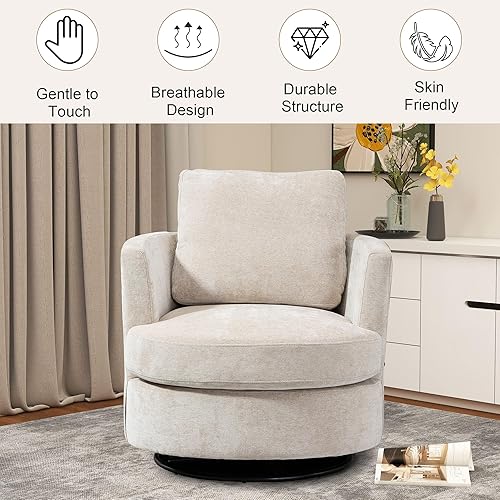 Miniatura 44 de Silla giratoria decorativa, sillas giratorias redondas de felpilla de 31.9 pulgadas de ancho para sala de estar, cómoda y moderna silla giratoria de