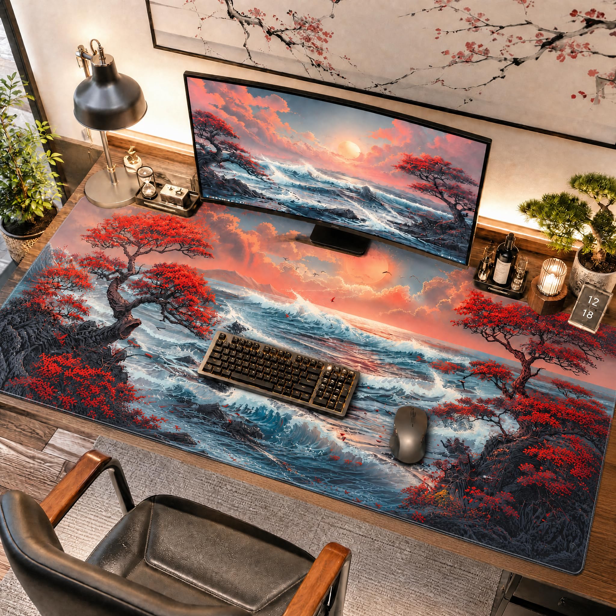 Alfombrilla de escritorio japonesa, 48 x 24 pulgadas, alfombrilla de mouse grande extendida con ondas marinas, tamaño XXXL, alfombrilla de mouse para juegos con base antideslizante de 3 mm y