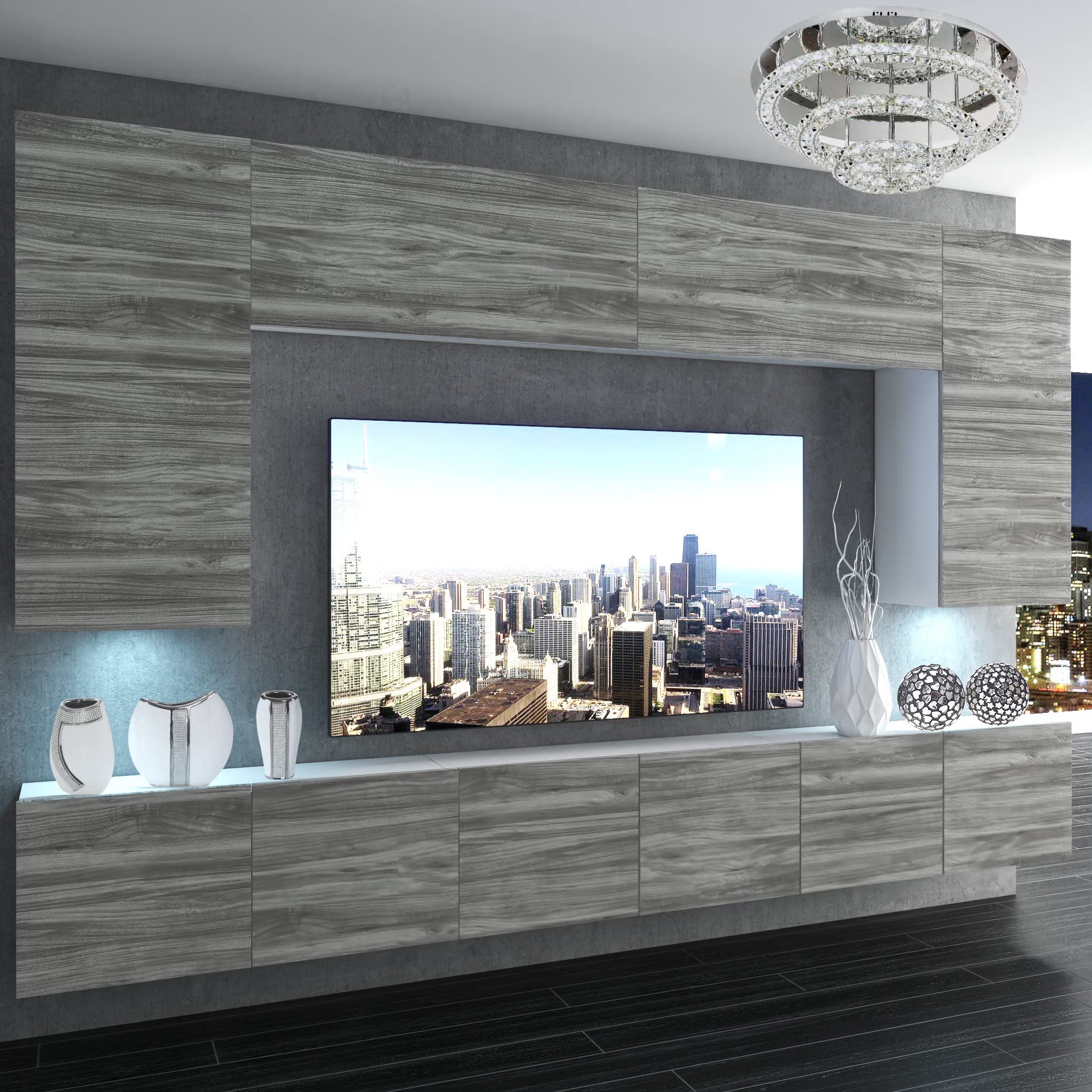 Belini - Set completo per soggiorno, moderna parete attrezzata con illuminazione a LED, mobile TV, design glamour, in legno