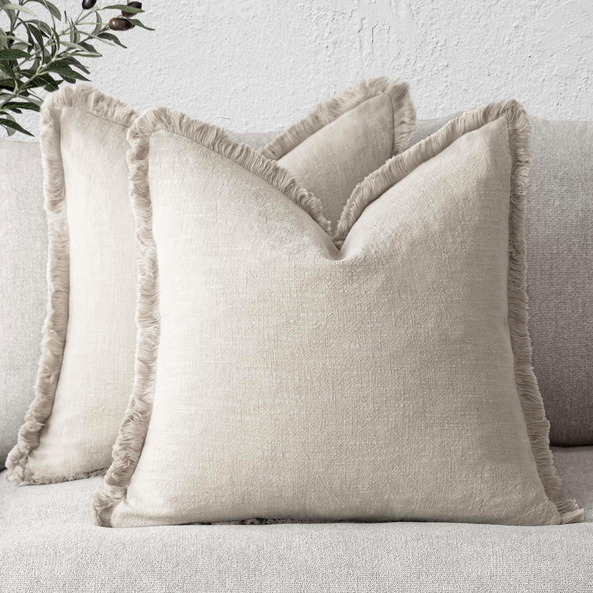 Foindtower Set of 2 Decorative Linen Fringe Throw Pillow Covers Cozy Boho Farmhouse Cushion Cover with Tassels Soft Accent Pillowcase for Couch Sofa Living Room Home Decor, 26×26 Inch, Natural Beige