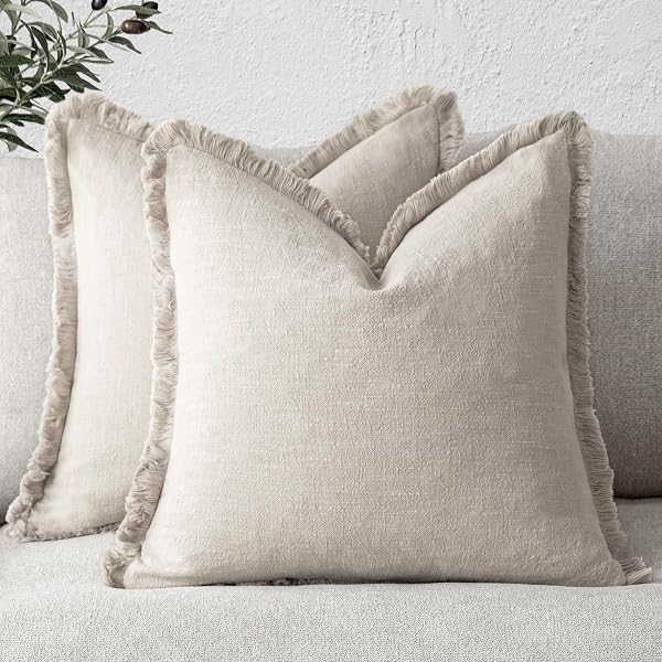 Foindtower Set of 2 Decorative Linen Fringe Throw Pillow Covers Cozy Farmhouse Boho Cushion Cover with Tassels Soft Accent Pillowcase for Couch Sofa Bed Living Room Home Decor 20×20 Inch Beige - 1