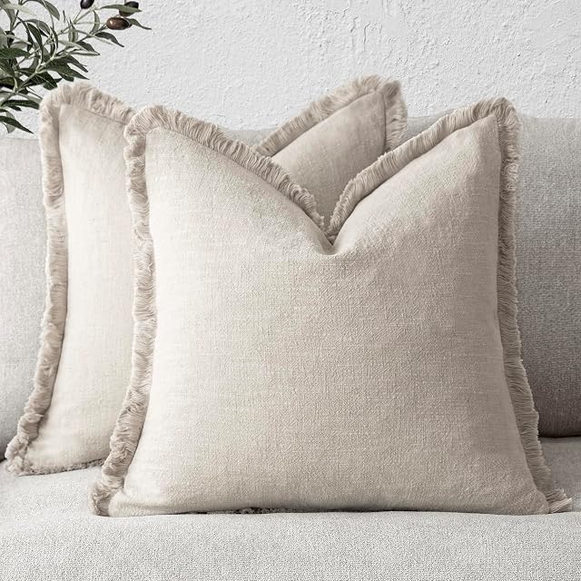 Foindtower Set of 2 Decorative Linen Fringe Throw Pillow Covers Cozy Boho Farmhouse Cushion Cover with Tassels Soft Accent Pillowcase for Couch Chair Sofa Bed Living Room Home Decor,18×18 Inch,Beige