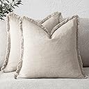 Foindtower Set of 2 Decorative Linen Fringe Throw Pillow Covers Cozy Boho Farmhouse Cushion Cover with Tassels Soft Accent Pillowcase for Couch Sofa Bed Living Room Home Decor, 22×22 Inch, Beige