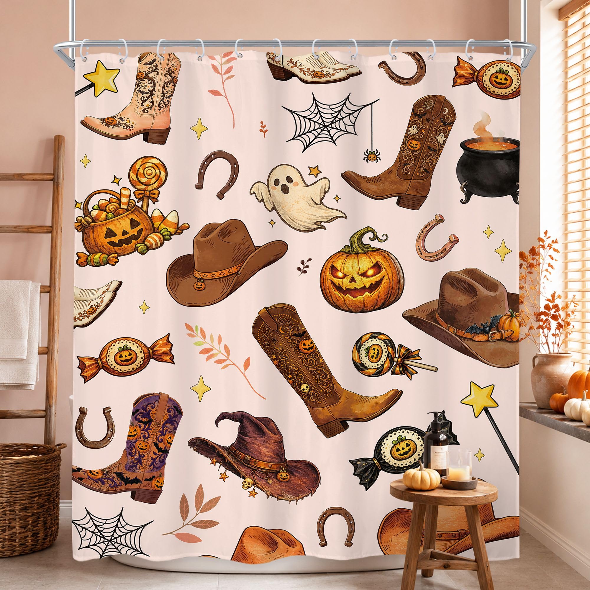 Funny Cow Cowboy Halloween Cute Kids Western Bathroom Shower Curtain Set — image 1