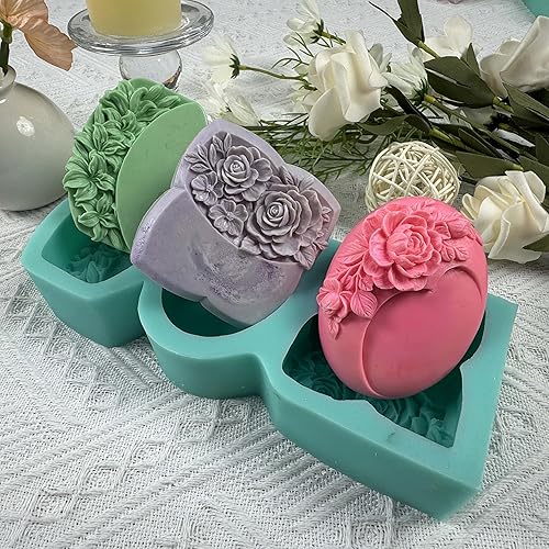 Vista 5 de Molde de silicona para jabón de múltiples cavidades, un molde de silicona para hacer 3 diferentes flores de jabón de rosas, moldes de resina de yeso