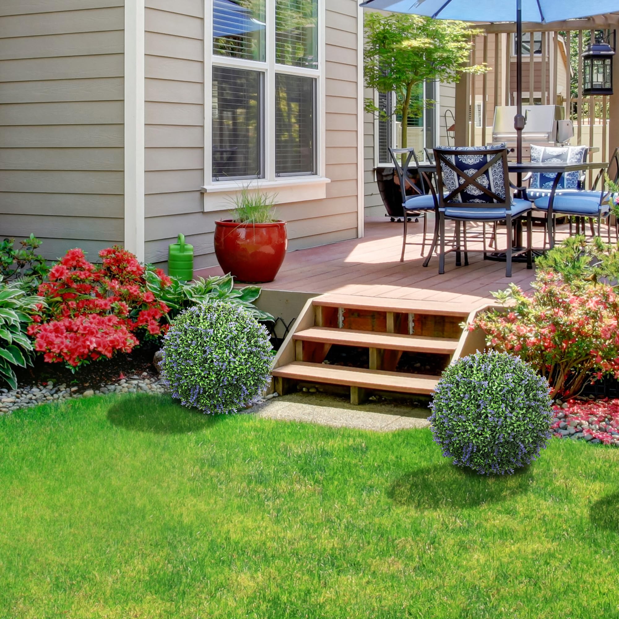 HOMCOM Set di 2 Piante Artificiali a Sfera con Fiori di Lavanda, Piante Finte Anti-UV per Casa e Giardino, Ø42 cm, Verde e Viola