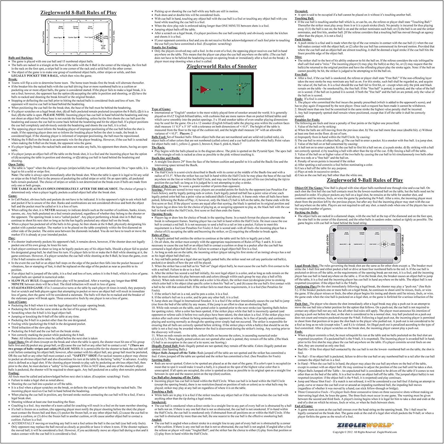 Zieglerworld How To Play Billiard Pool Table Rules for 8 Ball, 9 Ball and Snooker