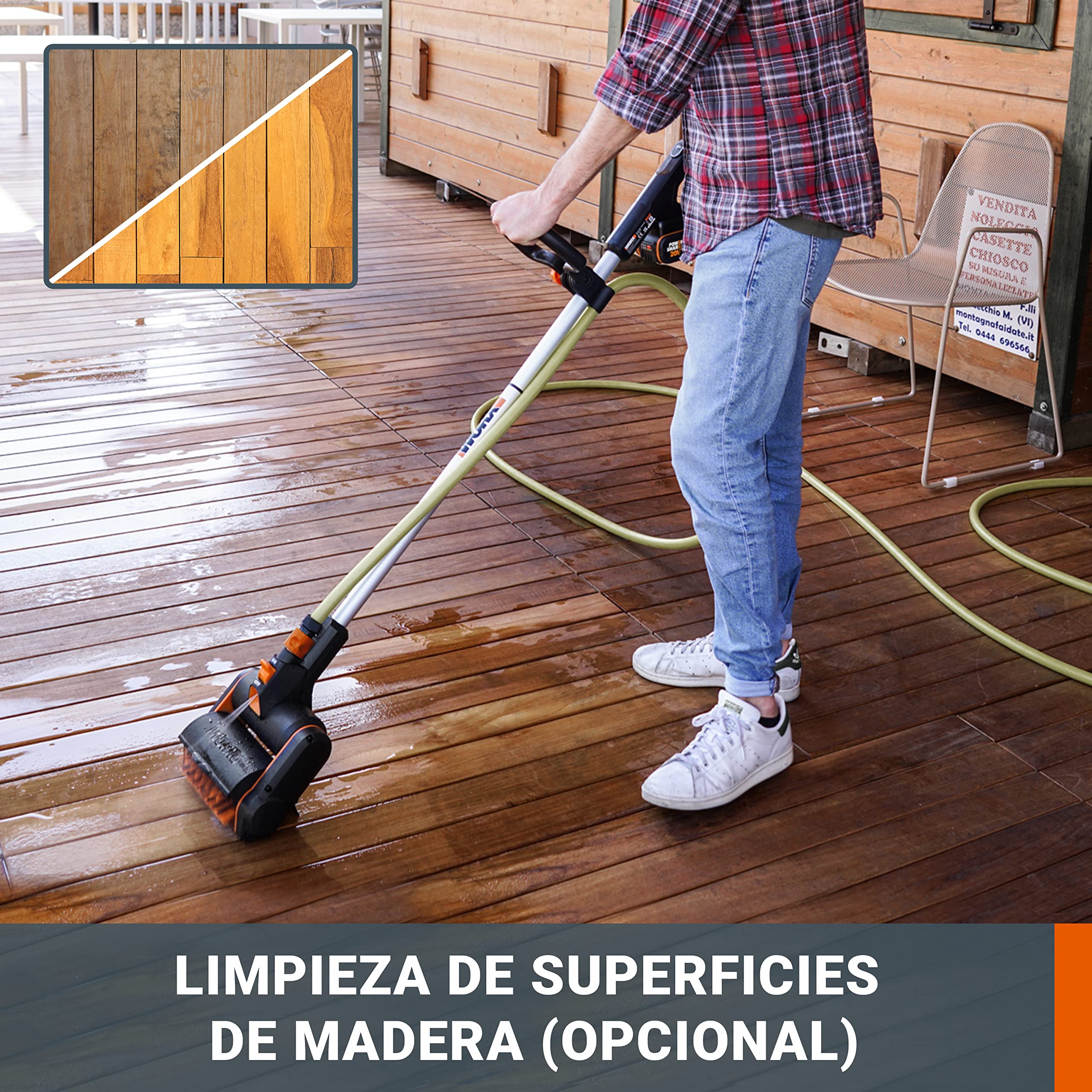 WORX WG441E Cepillo multifunción 20V-4Ah, limpieza profunda de suelos, baldosas, hormigón y cubiertas, conexión de agua, cambio rápido de accesorios, 2 velocidades, cepillo de nylon, alambre incluidos