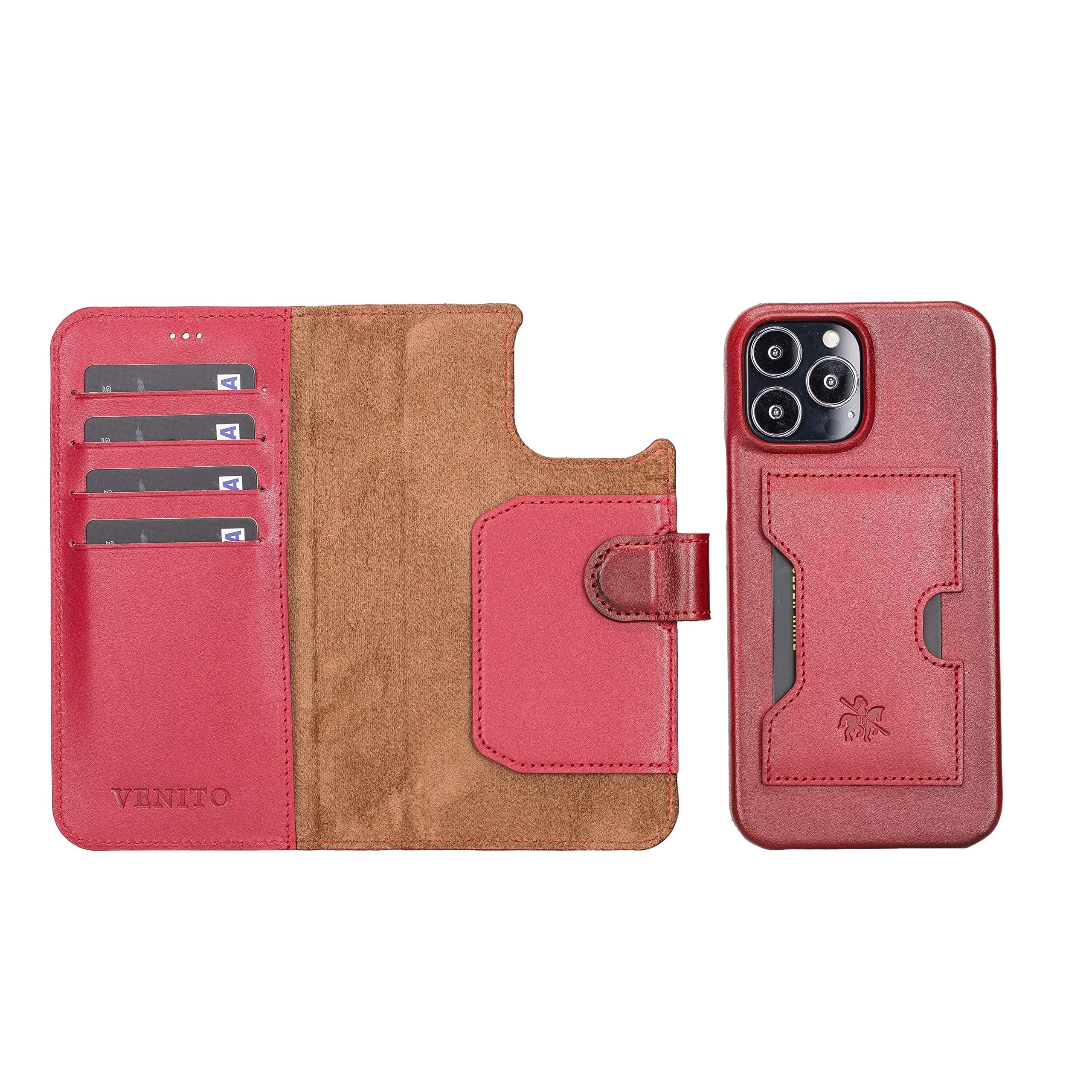 Venito Florence Leather Wallet Phone Case Compatible with iPhone 13 Pro Max (6.7 inch) - Extra Secure with RFID Blocking - Detachable Phone Wallet (Burnt Red)