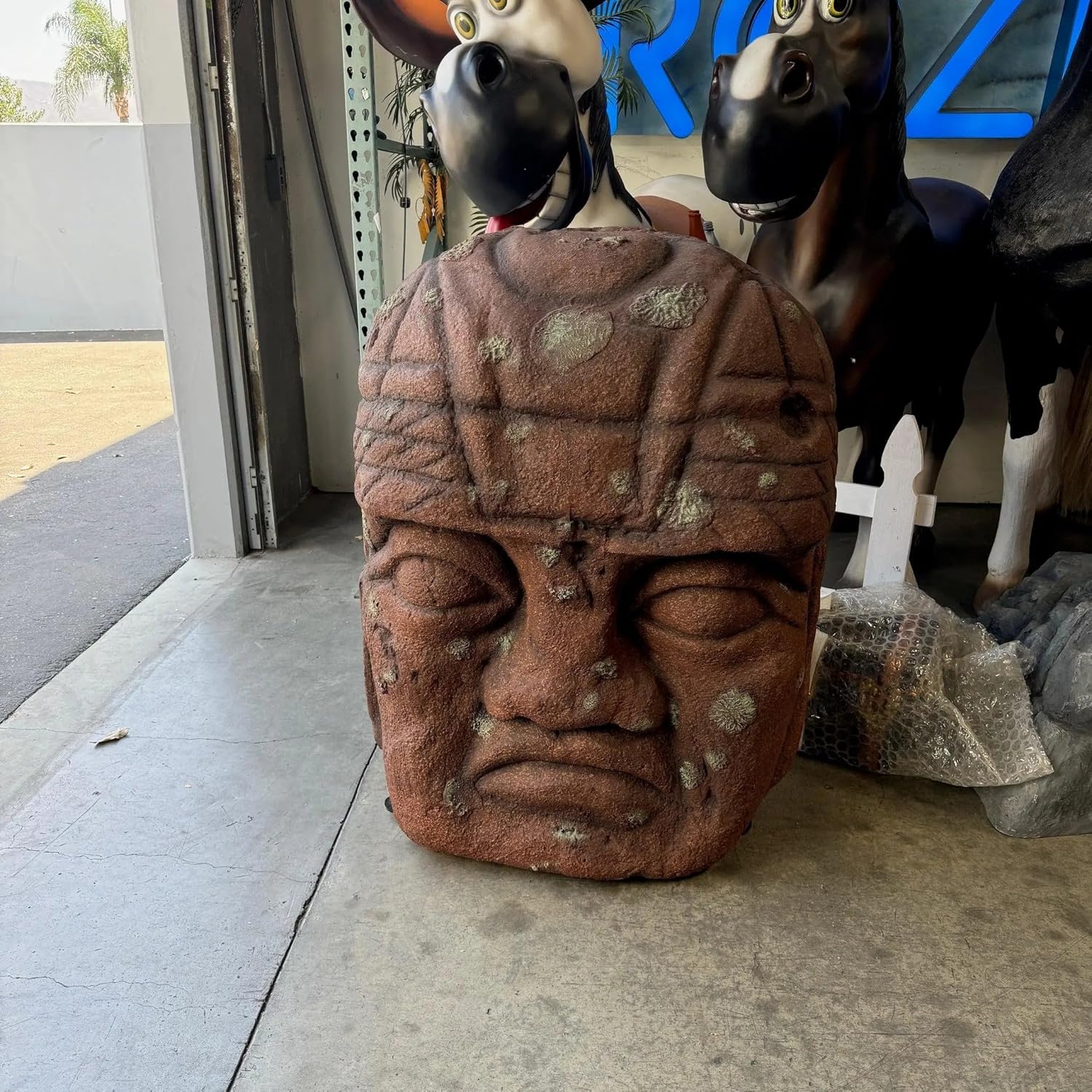 LM Treasures Stone Olmec Head Bust Concrete Statue Ancient Monolith Theme Display Prop Home Decor Accent