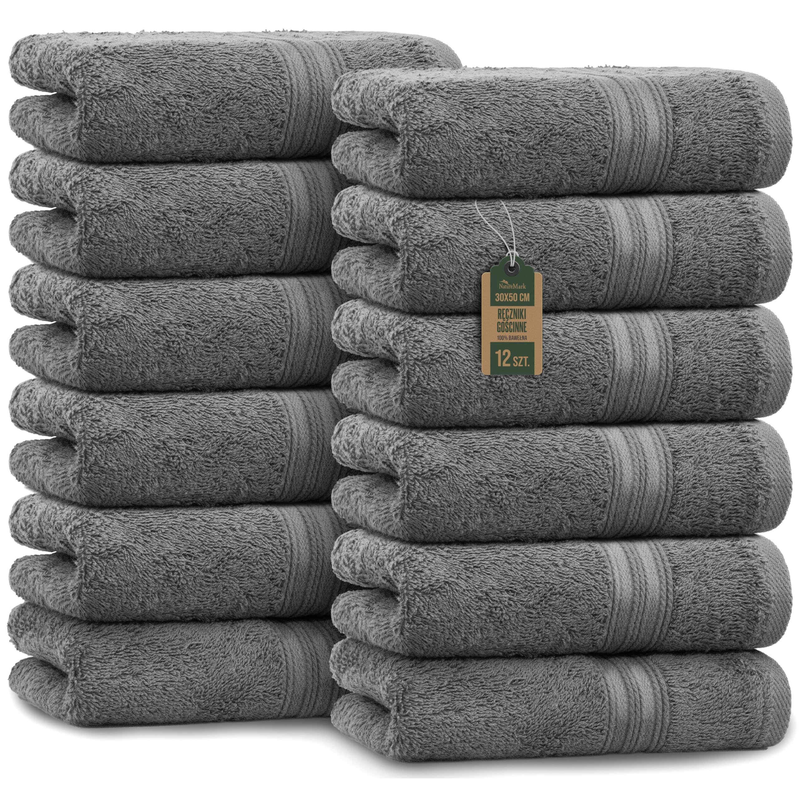NatureMark Ręczniki gościnne – Zestaw 12 sztuk (30x50 cm), 100% bawełna, certyfikat Oeko-Tex, miękkie, chłonne i łatwe w pielęgnacji – Do łazienki, dla gości i spa – Kolor Antracyt/Szary