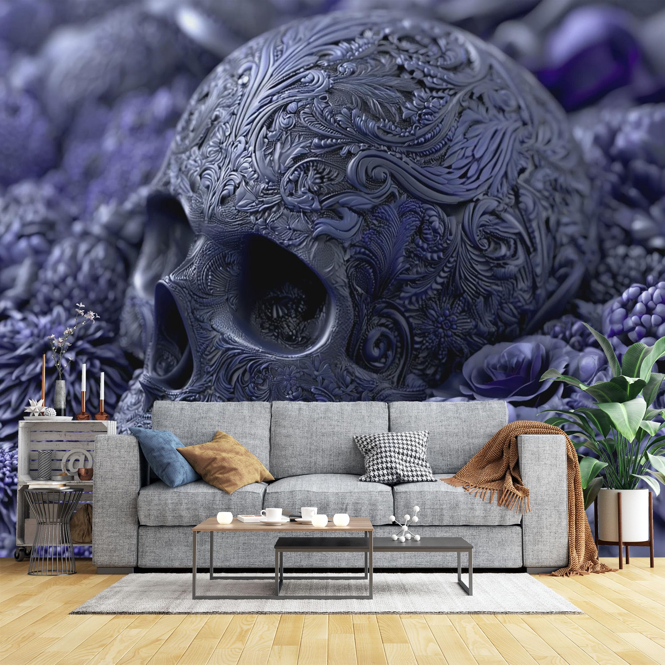 Custom Size Wall Murals Purple Floral Skull Wall Murals Gothic Decor Wallpaper, Full Wall Self-Adhesive Removable Wallpaper for Bedroom