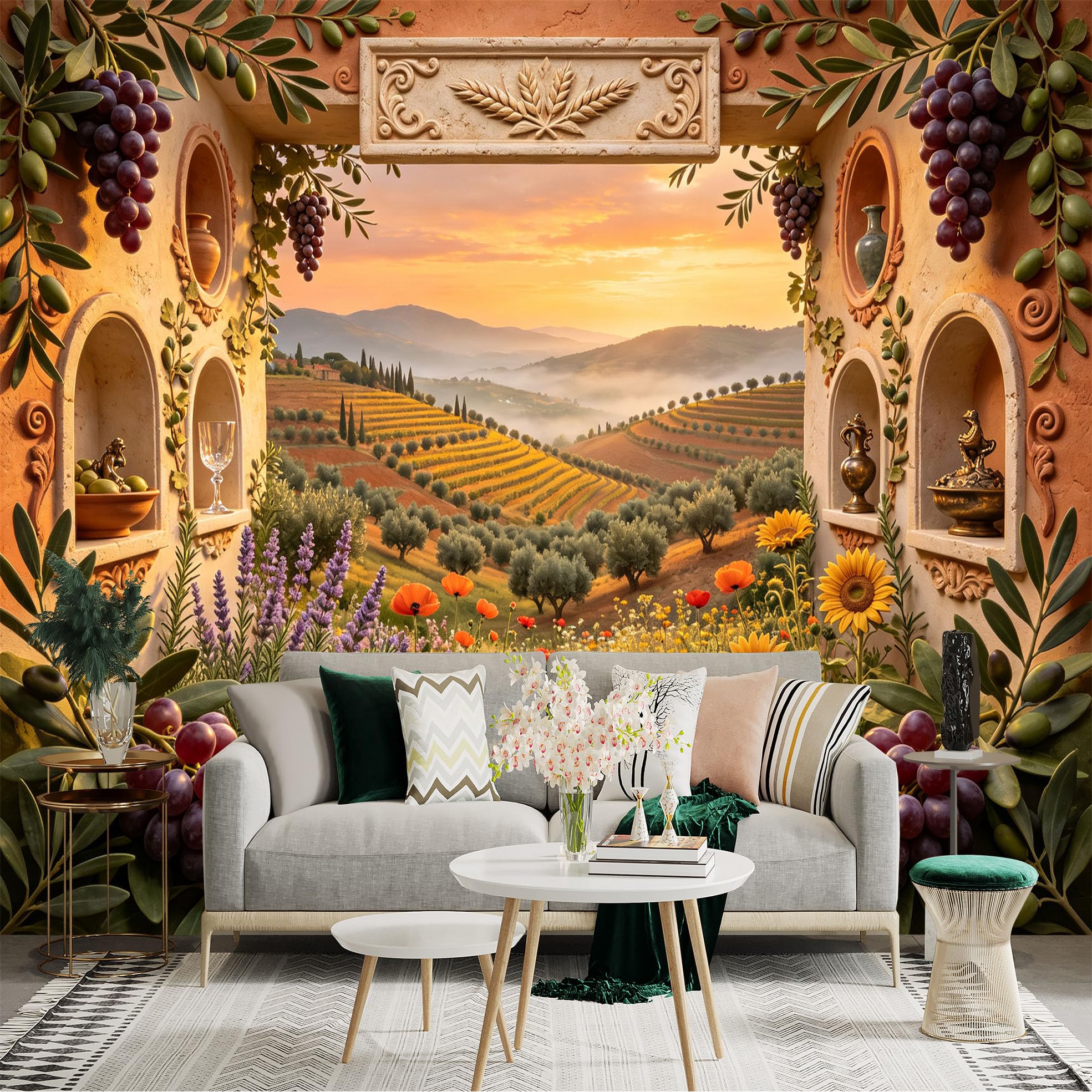 Lnzczhyre Bh260719766 Custom Size Wall Sticker Mural， Mediterranean Terrace With Vineyards， Olive Trees And Wildflowers， For Wall Decoration， Peelandstick Wall Decals.