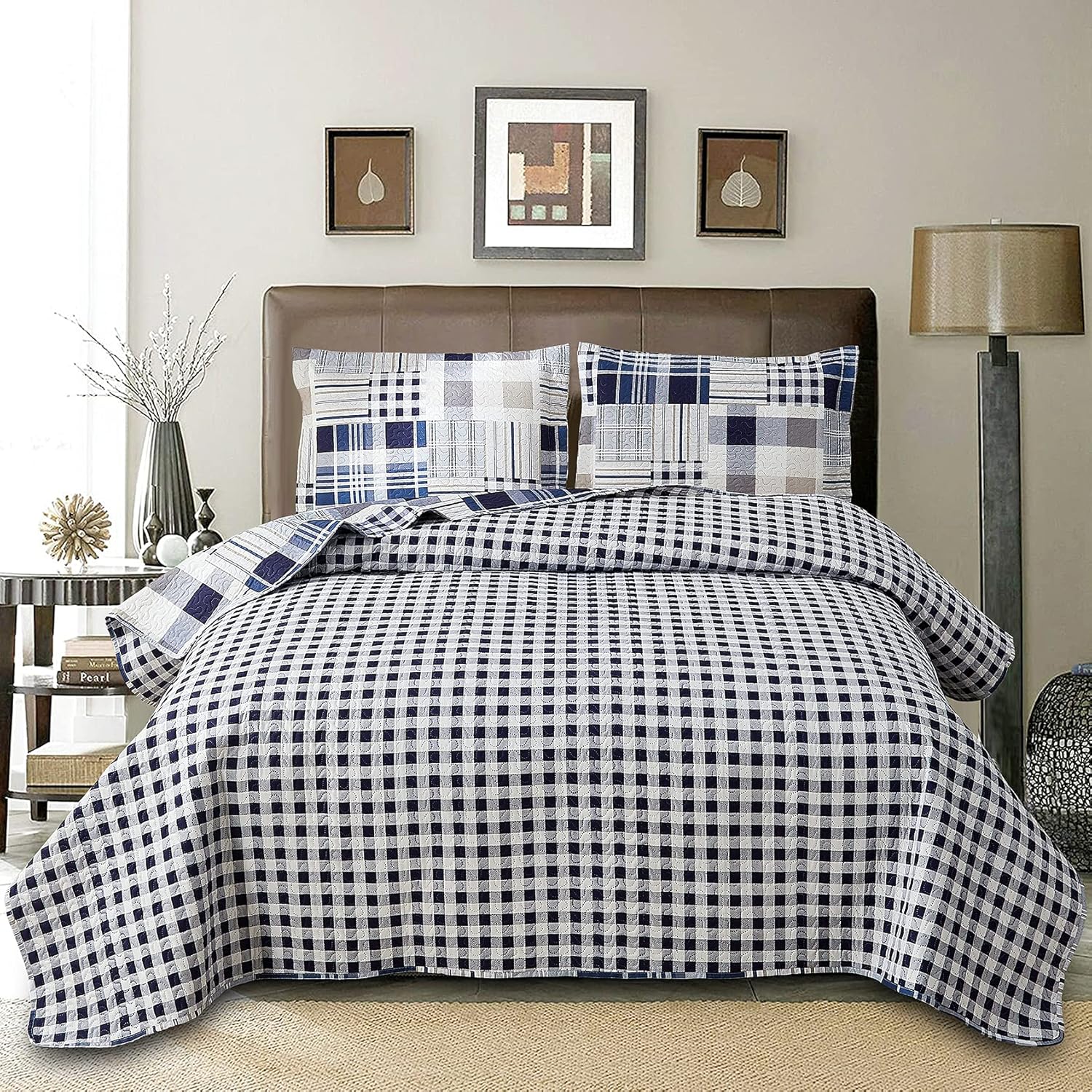 Blue White Brown Plaid Quilt Set Full/Queen Size Reversible Patchwork Bedspread Lightweight Blanket Soft Breathable Buffalo Check Bedding Gingham Coverlet Checker Bed Set Geometric Home Decor - Image 2