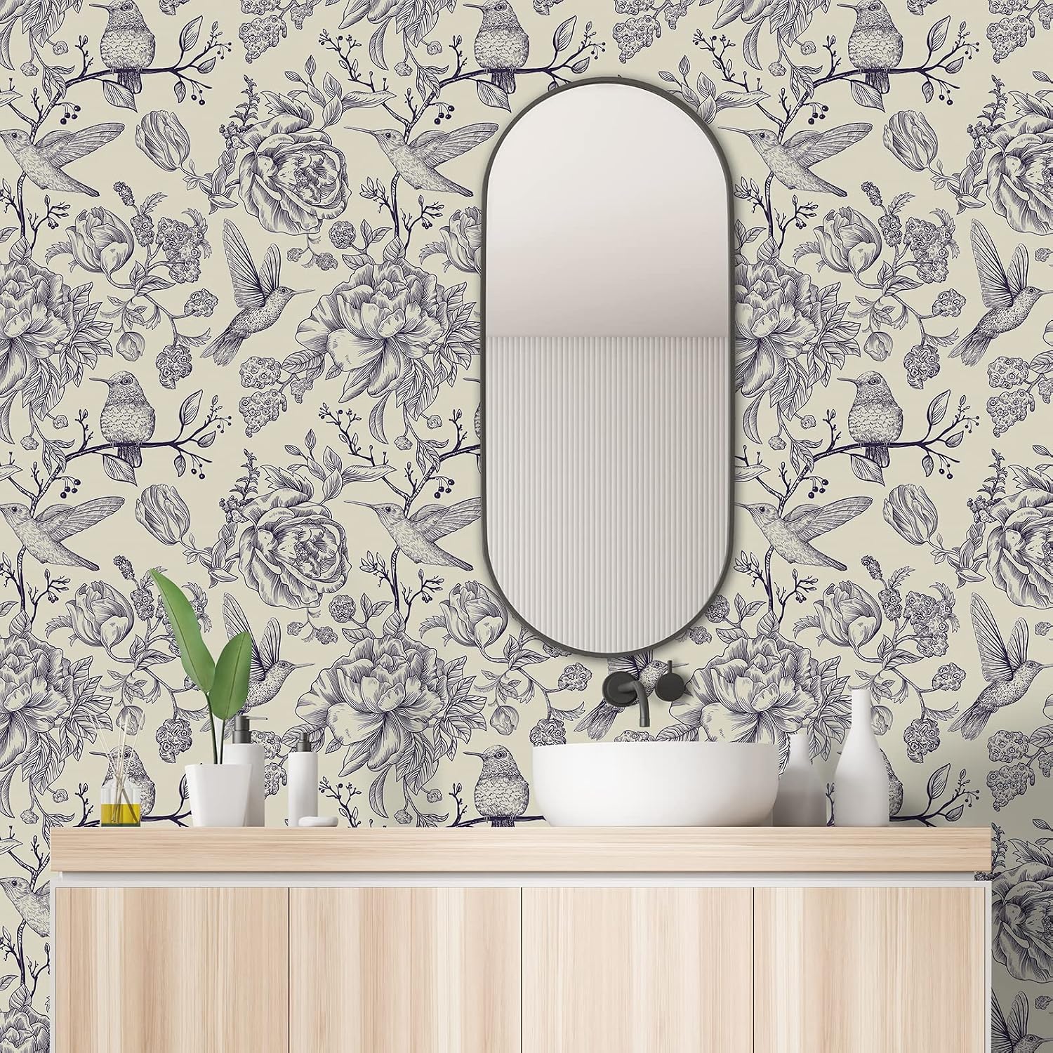 CHIHUT Vintage Hummingbird Peel and Stick Wallpaper 17.7”x236” Removable Waterproof Rose Floral Wallpaper Wall Mural Wall Decor Self Adhesive Botanical Contact Paper for Living Room Bedroom Cabinets