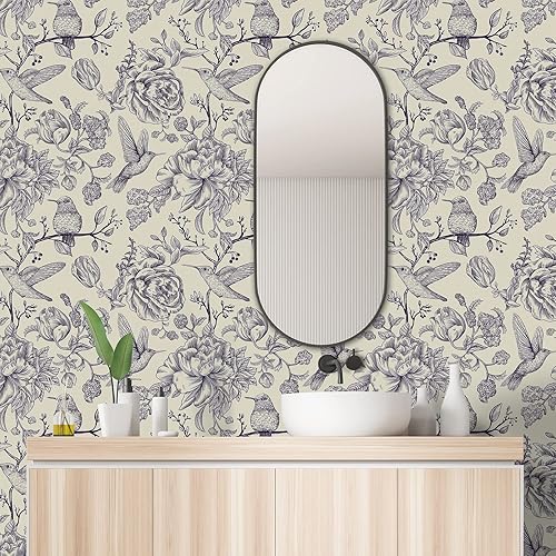 Miniatura 7 de CHIHUT 17.7x236 Papel pintado vintage floral de despegar y pegar autoadhesivo, papel pintado extraíble con pájaros, papel de contacto de flores de
