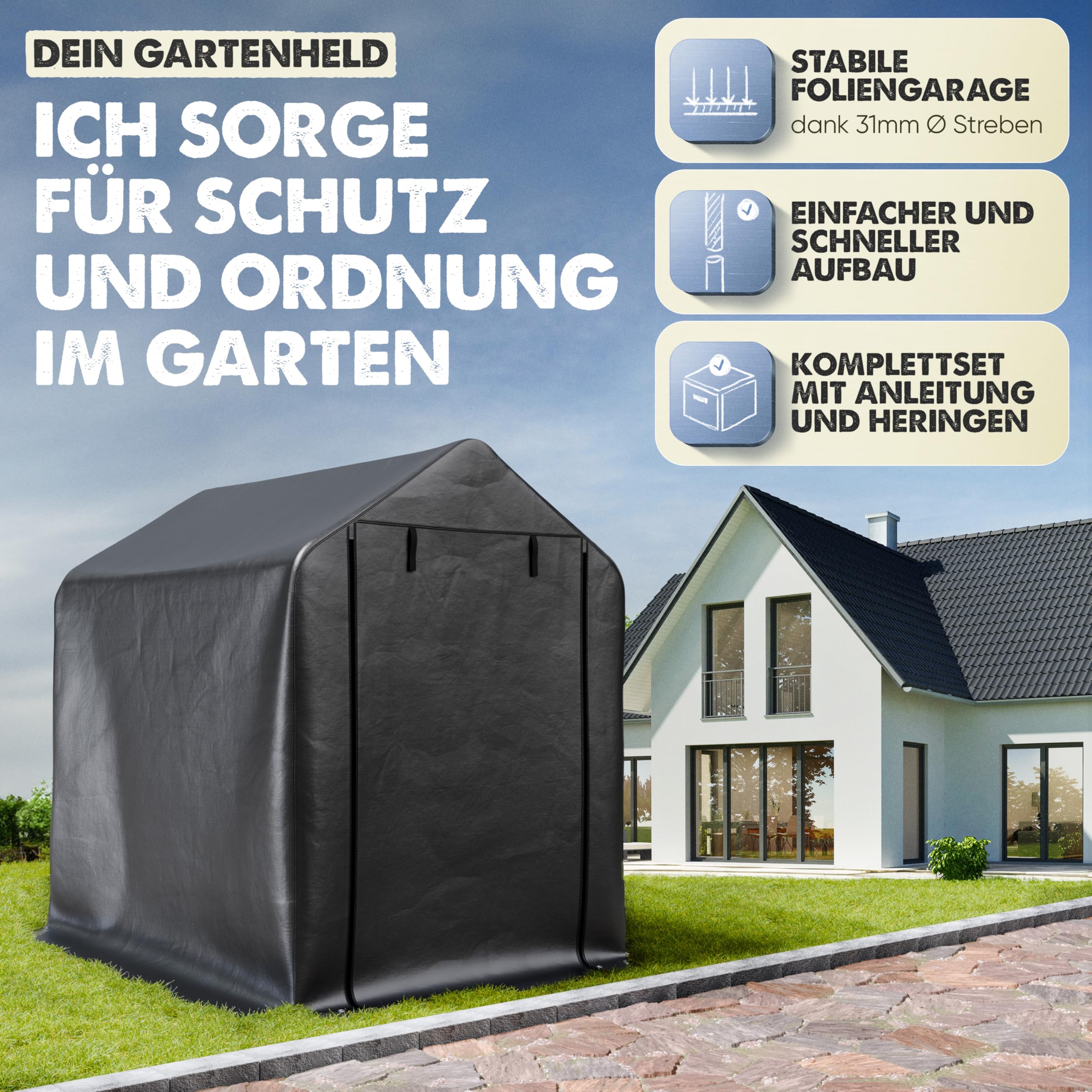 Fahrradgarage 172 x 163 x 120 cm, Aufbau ohne Schrauben, Zeltgarage | Gerätehaus und Fahrradschuppen, Foliengerätehaus und Gartenhütte für den Garten