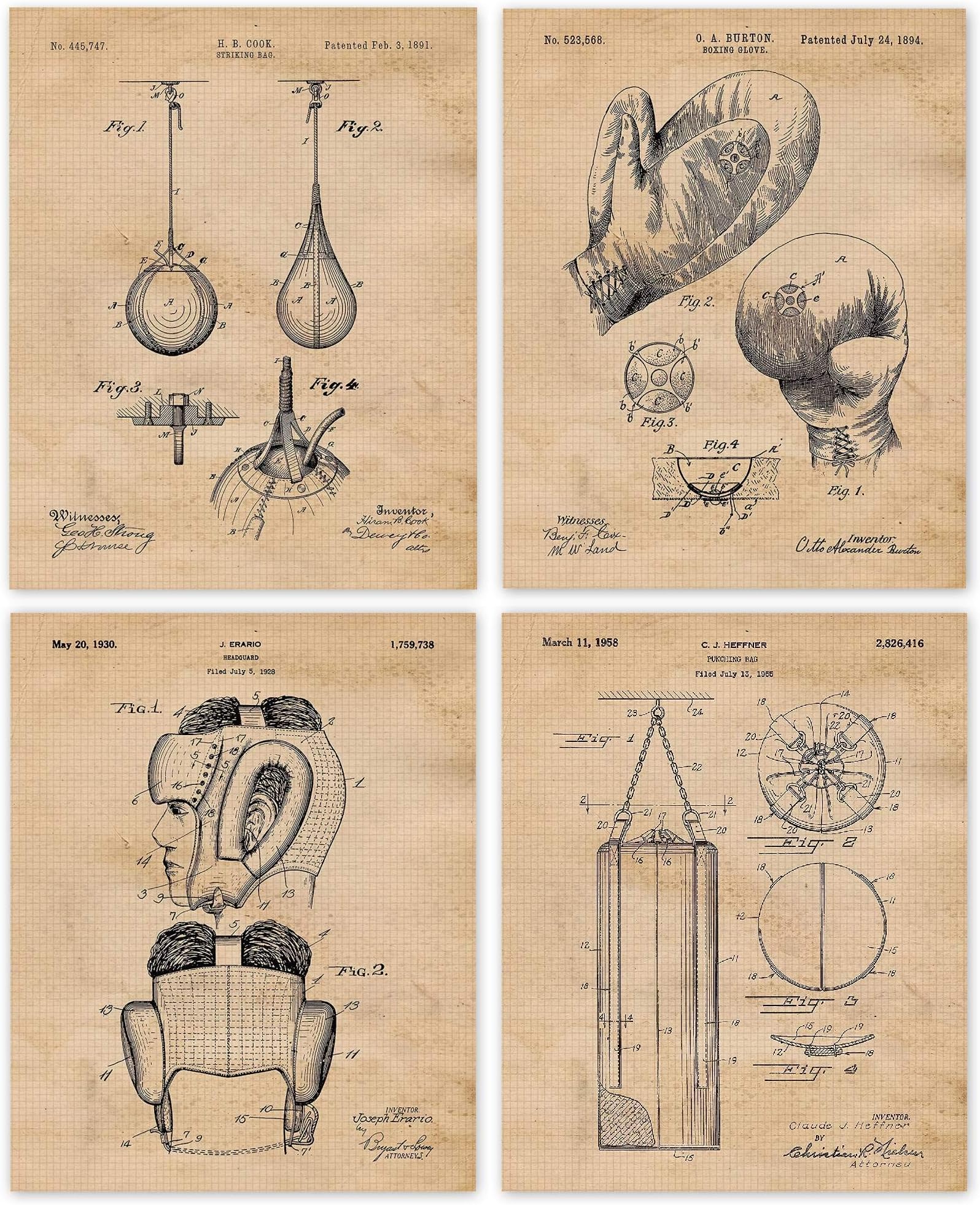 Vintage Boxing Patent Prints, 4 (8x10) Unframed Photos, Wall Art Decor Gift for Home Work Office Man Cave Garage Shop School Gym College Student Teacher Coach Trainer MMA Championship Fans