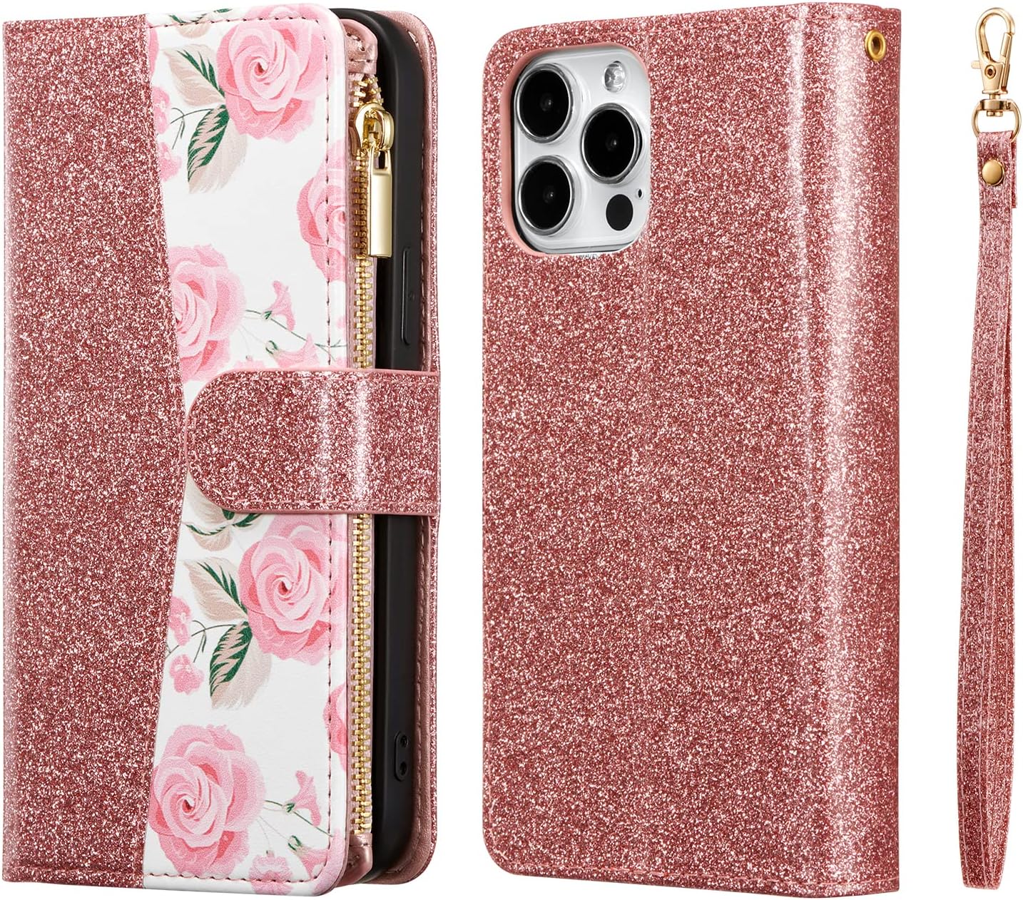 UEEBAI Wallet Case for iPhone 17 Pro, PU Leather Wallet Magnetic Closure Handbag Zipper Pocket Cover Kickstand Card Slots with Hand Strap Rose Flip Case for Women - Glitter Rose - Image 5