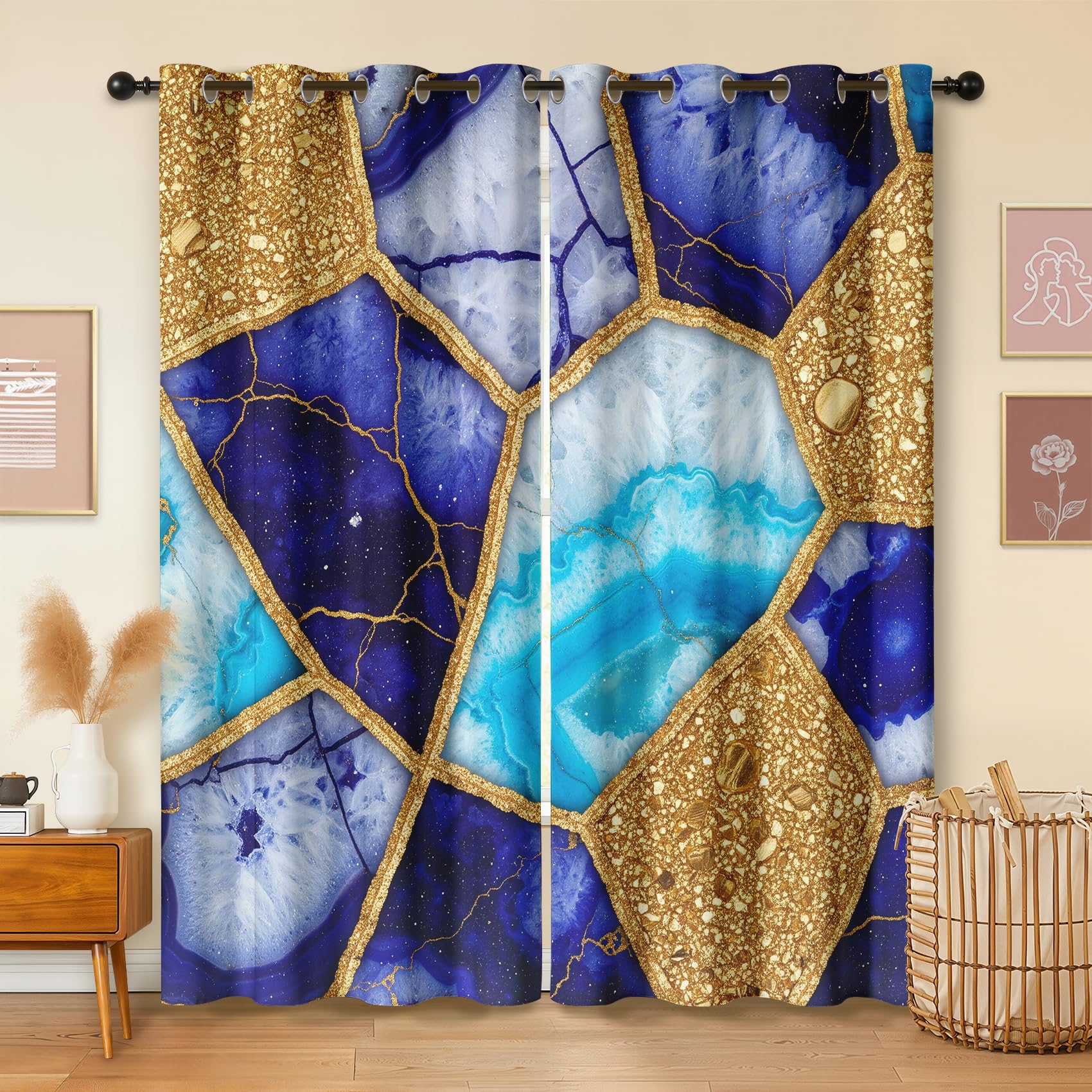 Havenix Luxury Blue Gold Marble Blackout Curtains for Bedroom Living Room, Agate Geode Patterned Curtains 46x54, Thermal Insulated Eyelet Drapes for Windows, 2 Panels