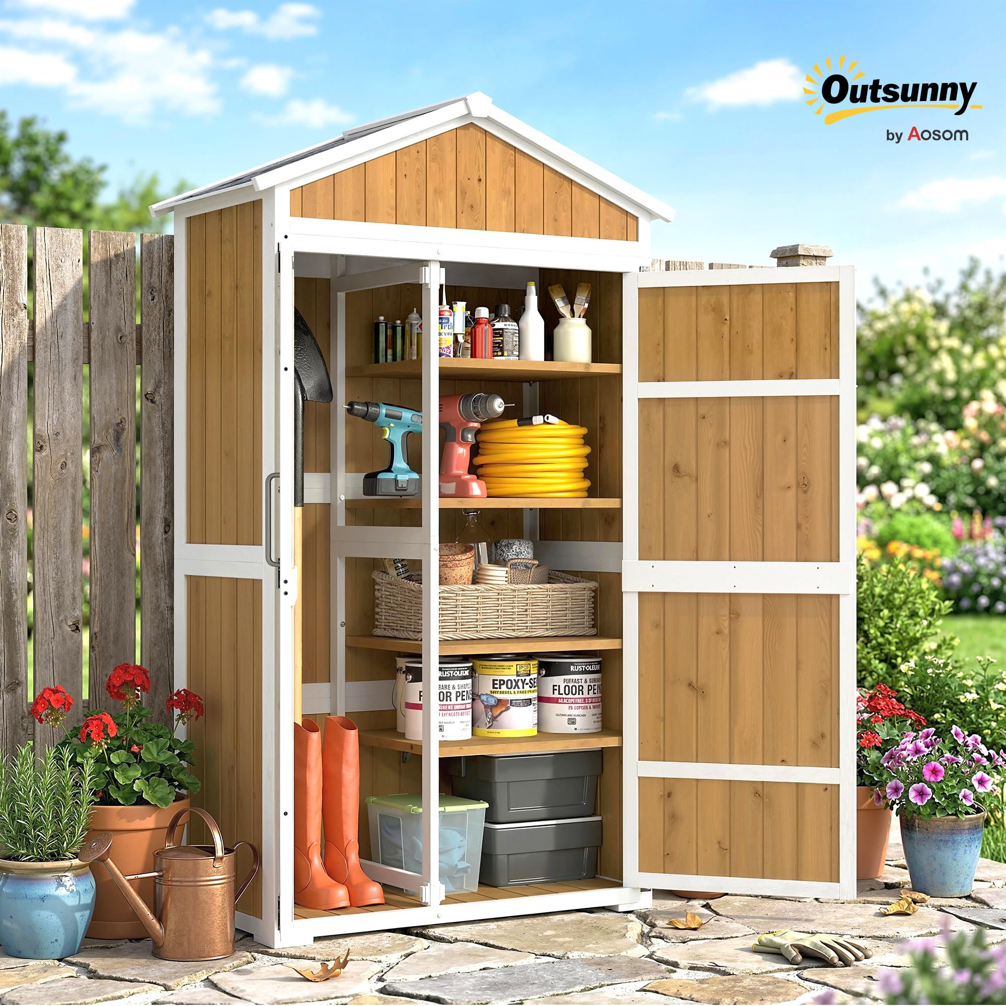 Outsunny Armoire de Jardin en Bois - Abri de Jardin Extérieur Étanche avec Toit en Métal - Meuble de Rangement Terrasse à Double Porte pour Outils de Jardinage 105x55x179cm, Blanc et Naturel