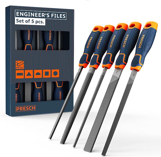 Presch File Set 5 pcs - High Quality Metal File Set incl. Flat File, Half Round File, Round File, Triangular File and Square File - Professional Metal File Set for Steel - Metal Files Set