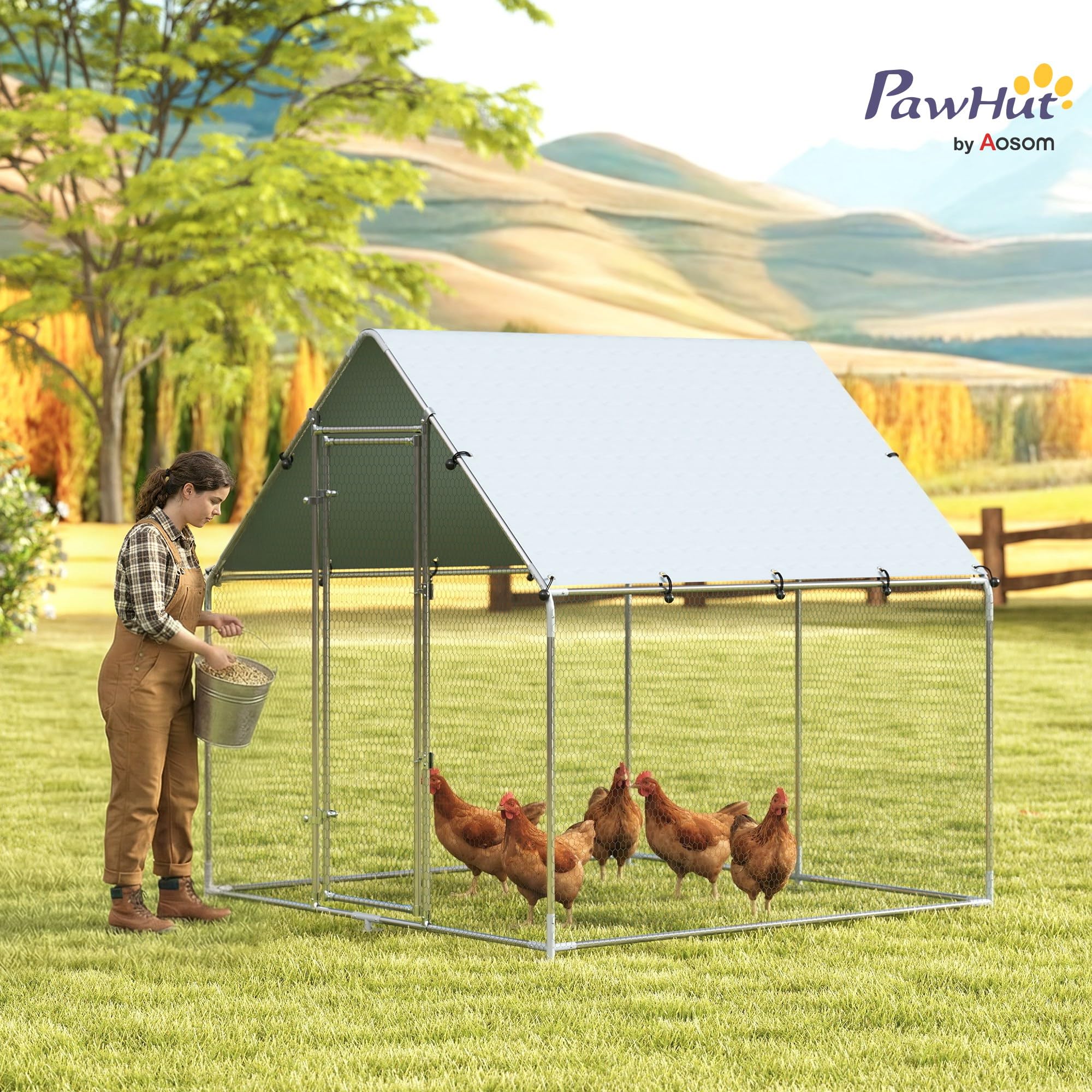 PawHut Pollaio per Galline da Esterno, 2x2x2m 4 m² Recinto Galline in Acciaio Zincato con Tetto Impermeabile Anti-UV e Serratura, Gabbia per 4-6 Polli, Piccoli Animali, Conigli e Anatre