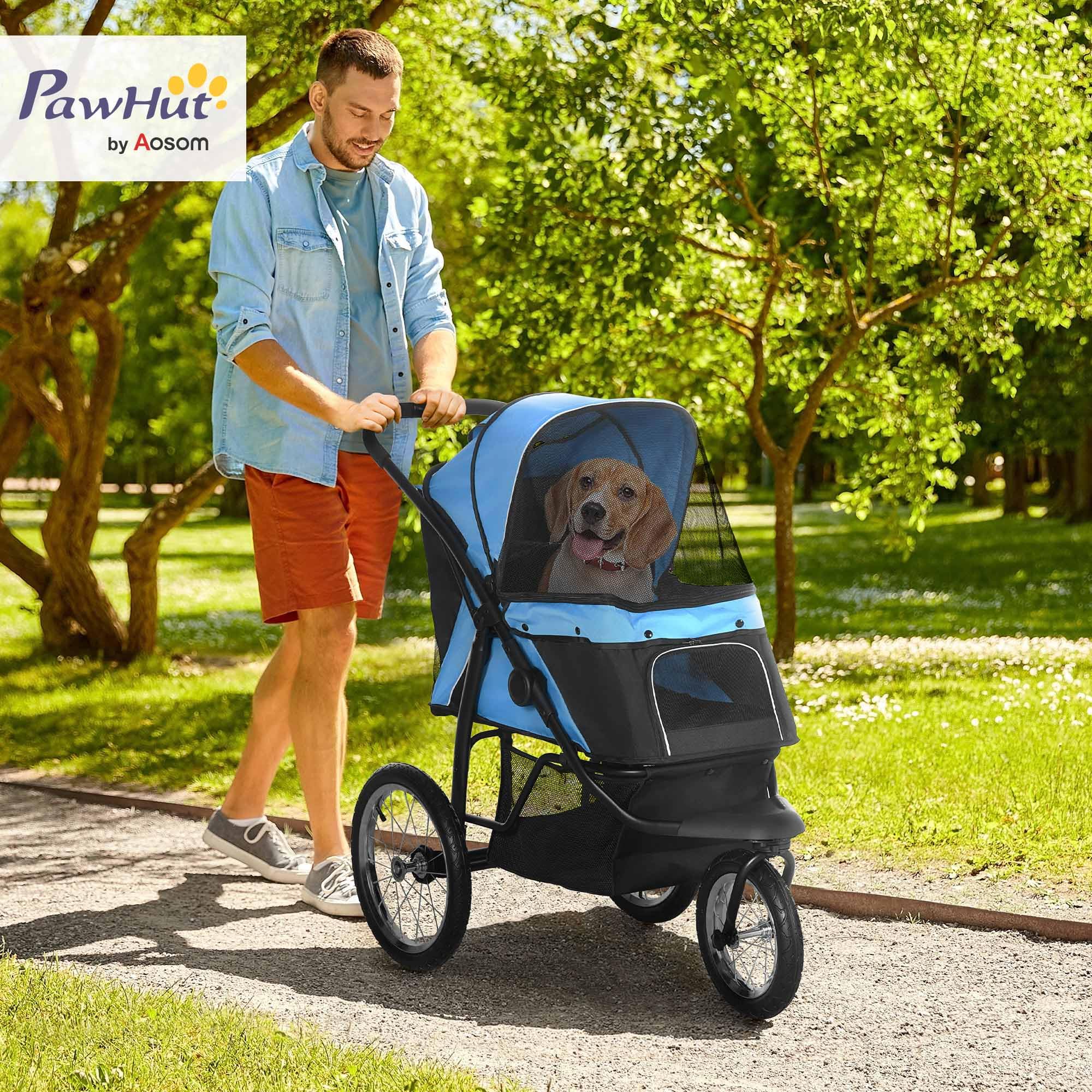 PawHut Hundewagen Hundebuggy klappbar für Hunde & Katzen bis 20 kg Katzenbuggy mit geländegängige Gummiräder Kissen Netzfenstern Türen Katzenwagen mit Aufbewahrungskorb Buggy Blau