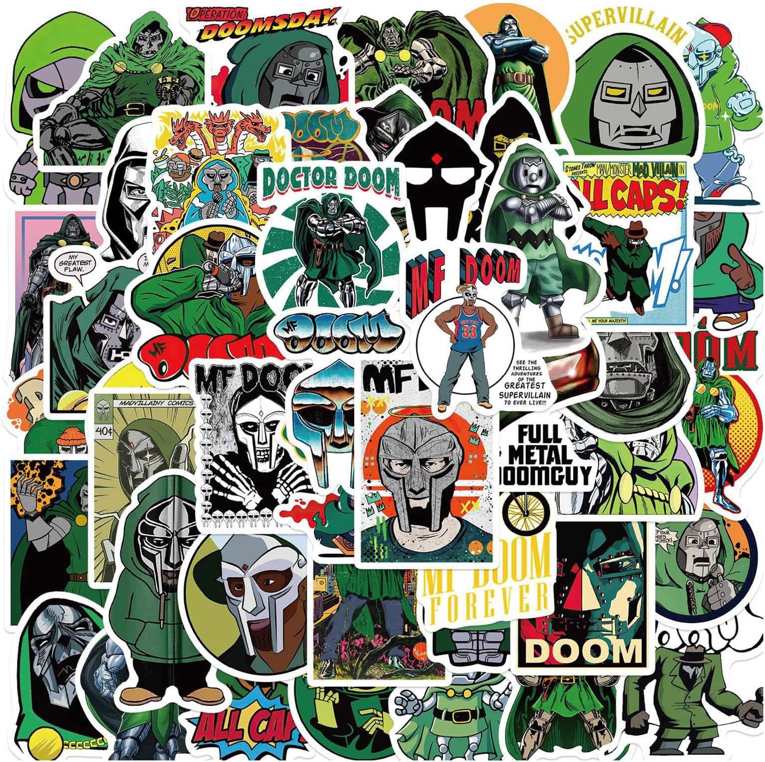 BERFLYTER50Pcs Hip-Hop Singer MF Doom Themes Waterproof Stickers for Gifts Water Bottles Cup Laptop Bike Skateboard Luggage Box Vinyl Graffiti Patches BRJHSL