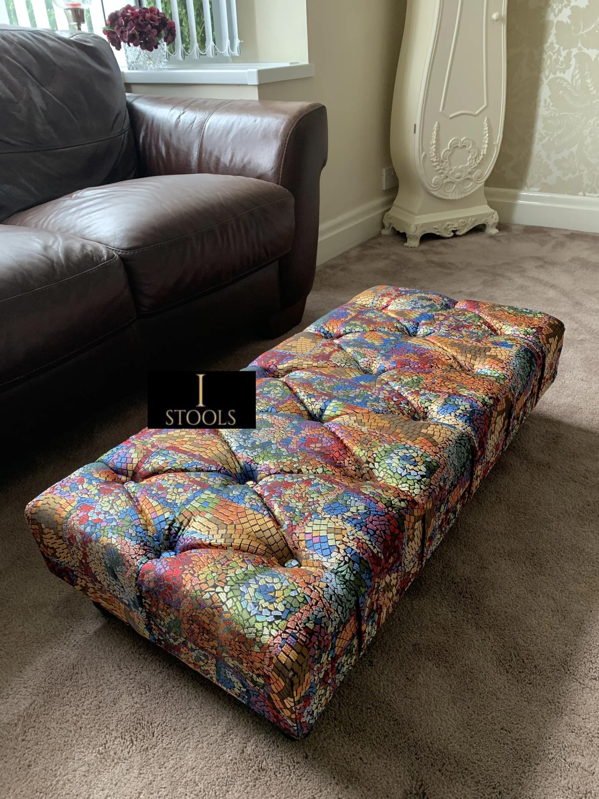 ISTOOLS Fabric Footstools for Living Room - Upholstered Ottoman Bench-Fabric Pouffe Stool Change Shoe Footrest with Attractive Multicolor and Legs (Stained Glass Fabric)