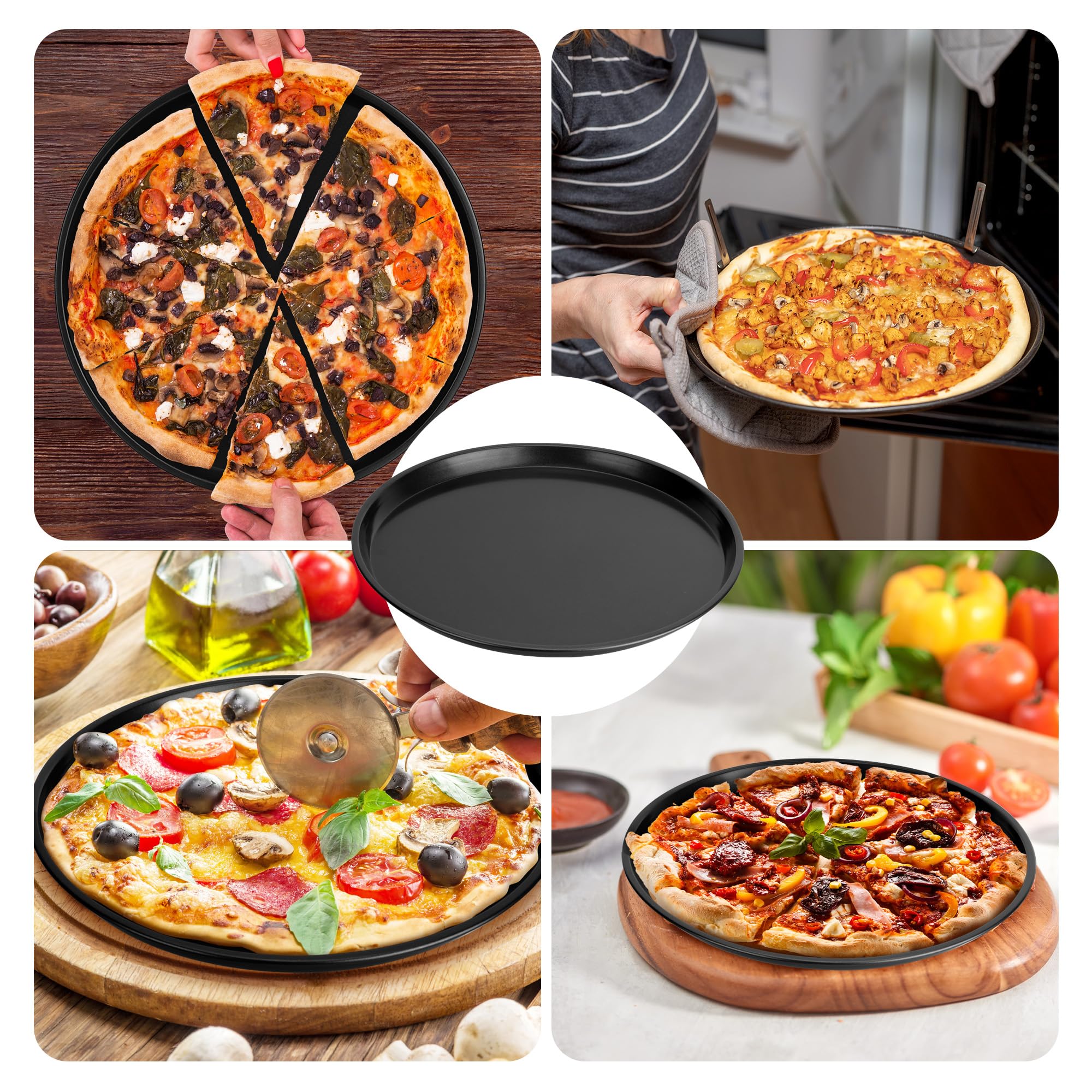 Paquete de 6 bandejas antiadherentes para pizza, bandeja redonda de horno de pizza de 12 pulgadas, bandeja de acero al carbono resistente para hornear pizza para hacer pizza (negro)