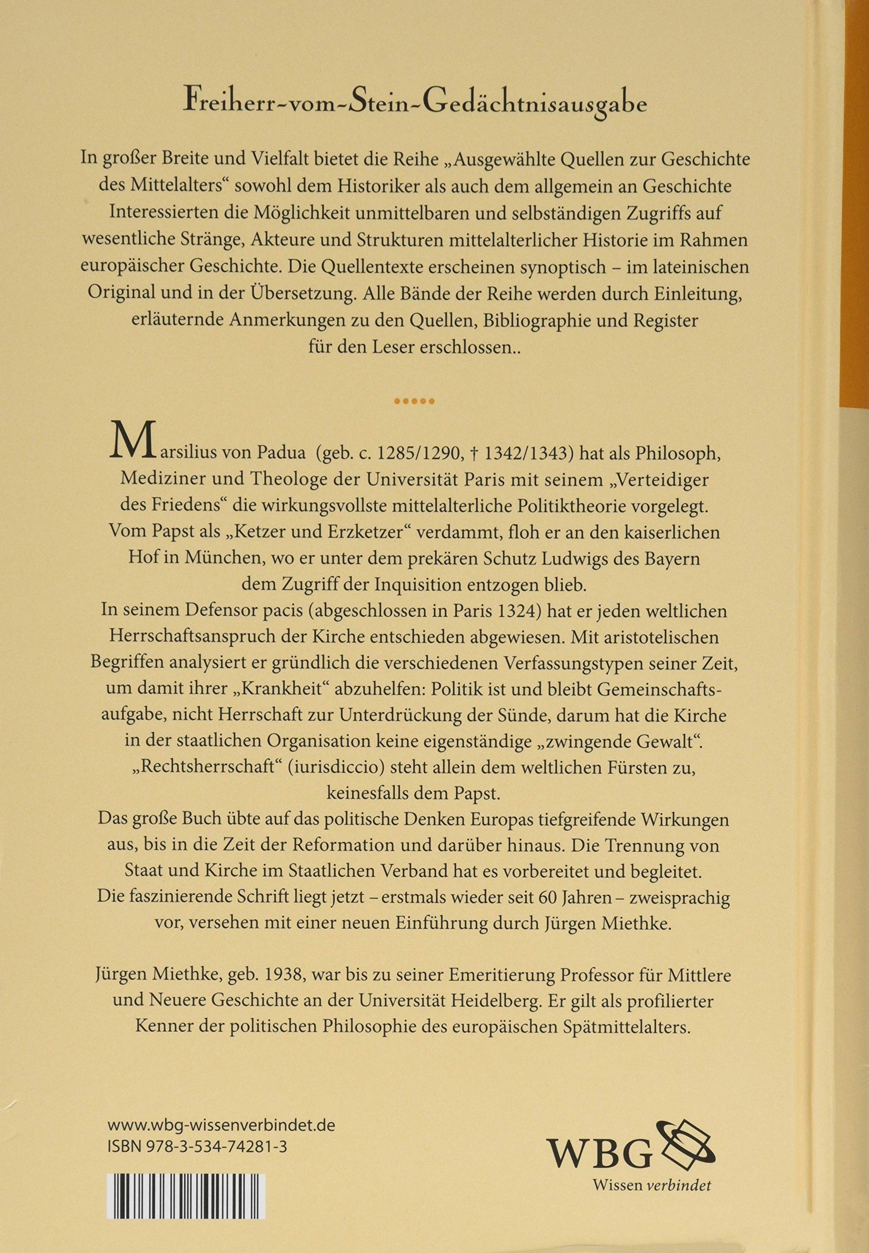 Defensor Pacis (50) (Freiherr-vom-Stein-Gedächtnisausgabe, Reihe A: Ausgewählte Quellen zur Geschichte des Mittelalters)
