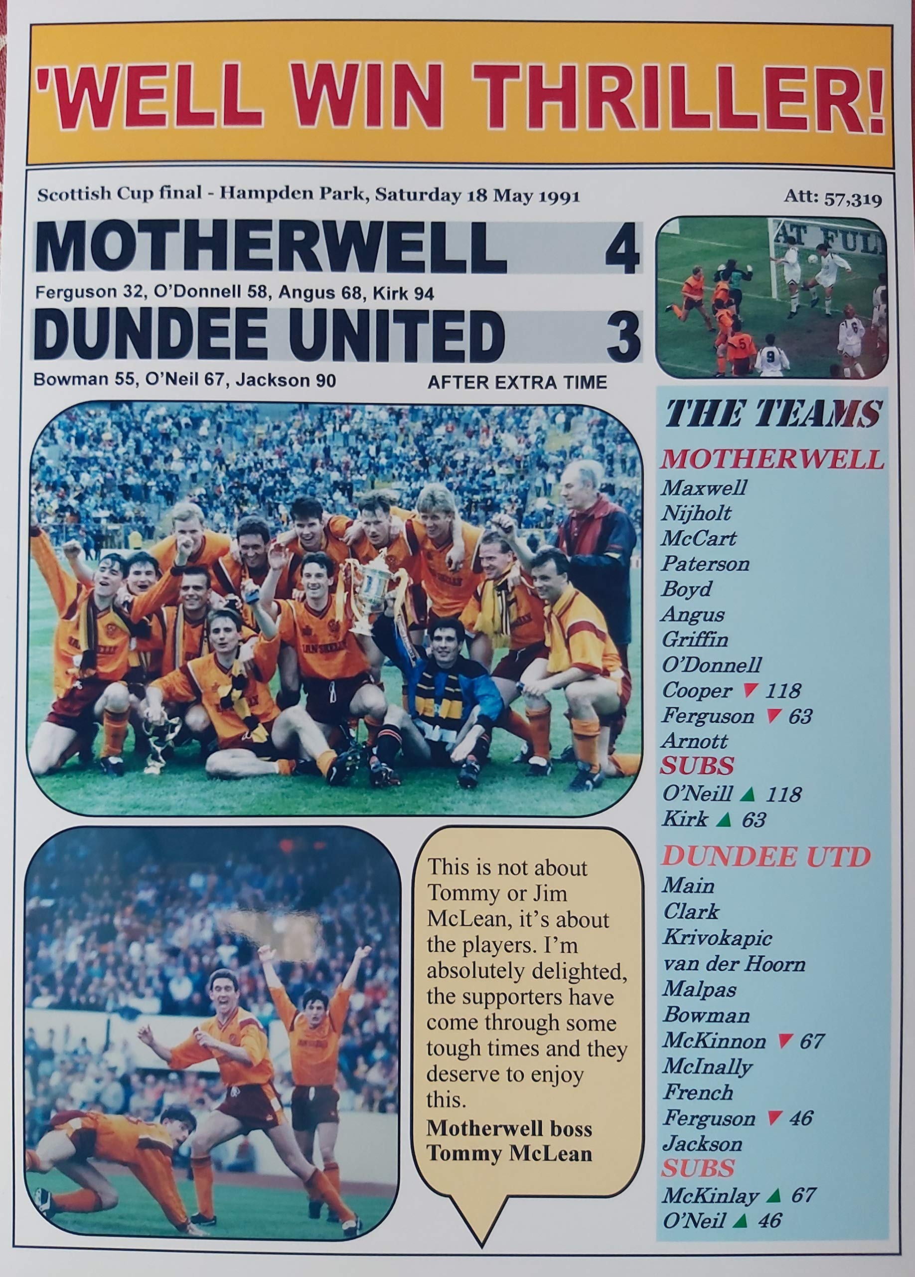Sports Prints Uk Green, Blue, White Motherwell 4 Dundee United 3-1991 Scottish Cup Final - Souvenir Print