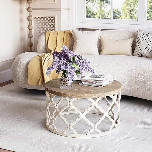 Miniatura 7 de Mesa de centro estilo casa de campo Karlott, mesa de café redonda de estilo campestre francés, mesa de café costera con parte superior desgastada,