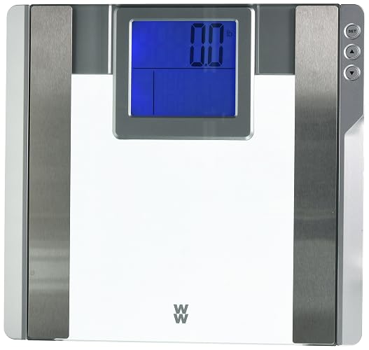 WW Scales by Conair Body Analysis Glass Bathroom Scale, Measures Body Fat, Body Water, Bone Mass & BMI, 4 User Memory, Jumbo 3.2" Blue Backlight LCD Readout, 400 Lbs. Capacity