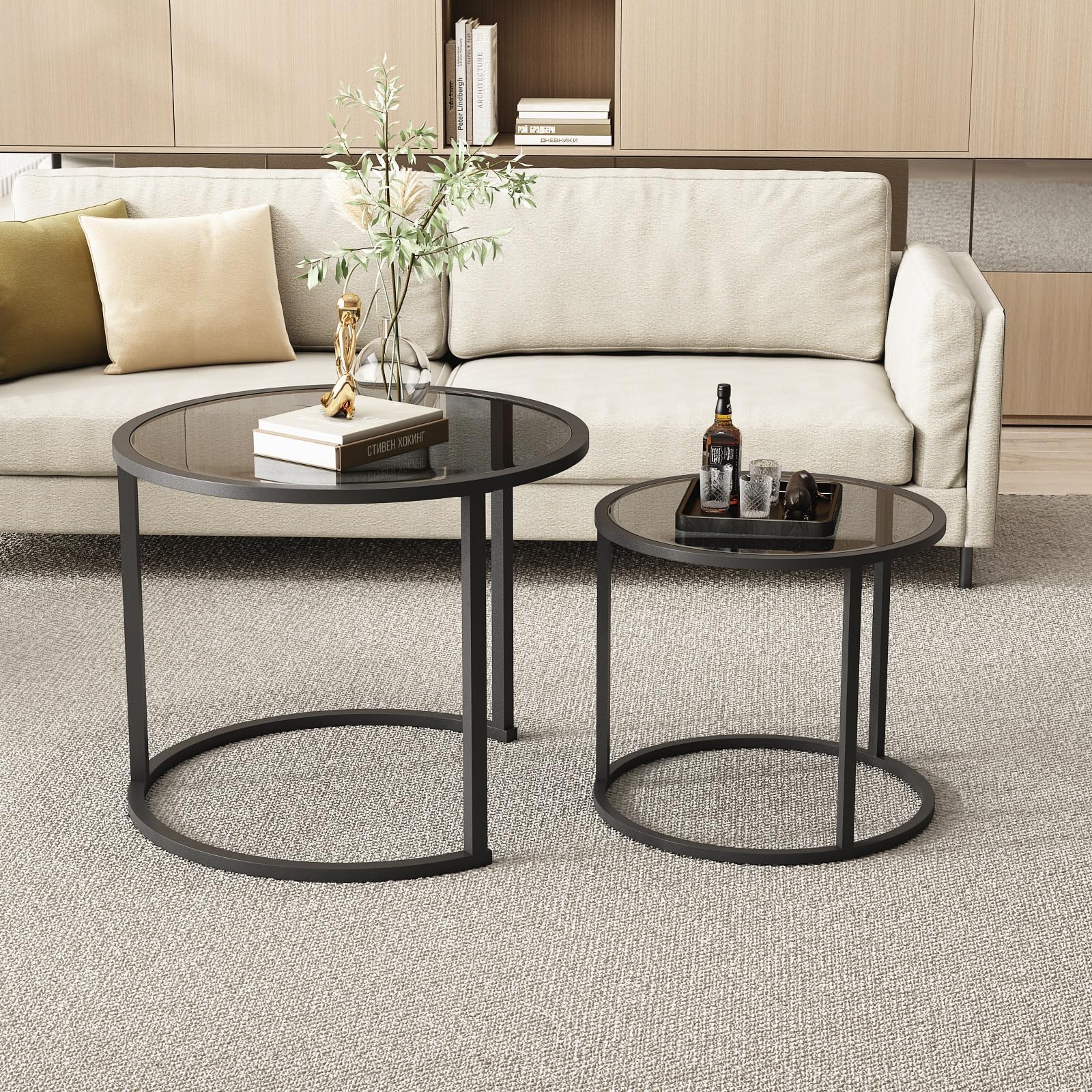 Black Nesting Coffee Table Set of 2, Modern Tempered Glass