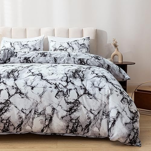Smoofy Queen Marble White Comforter Set, White Marble Pattern Printed Soft Fabric with Brushed Microfiber Full Bed Sheets Fill Bedding Sets(1